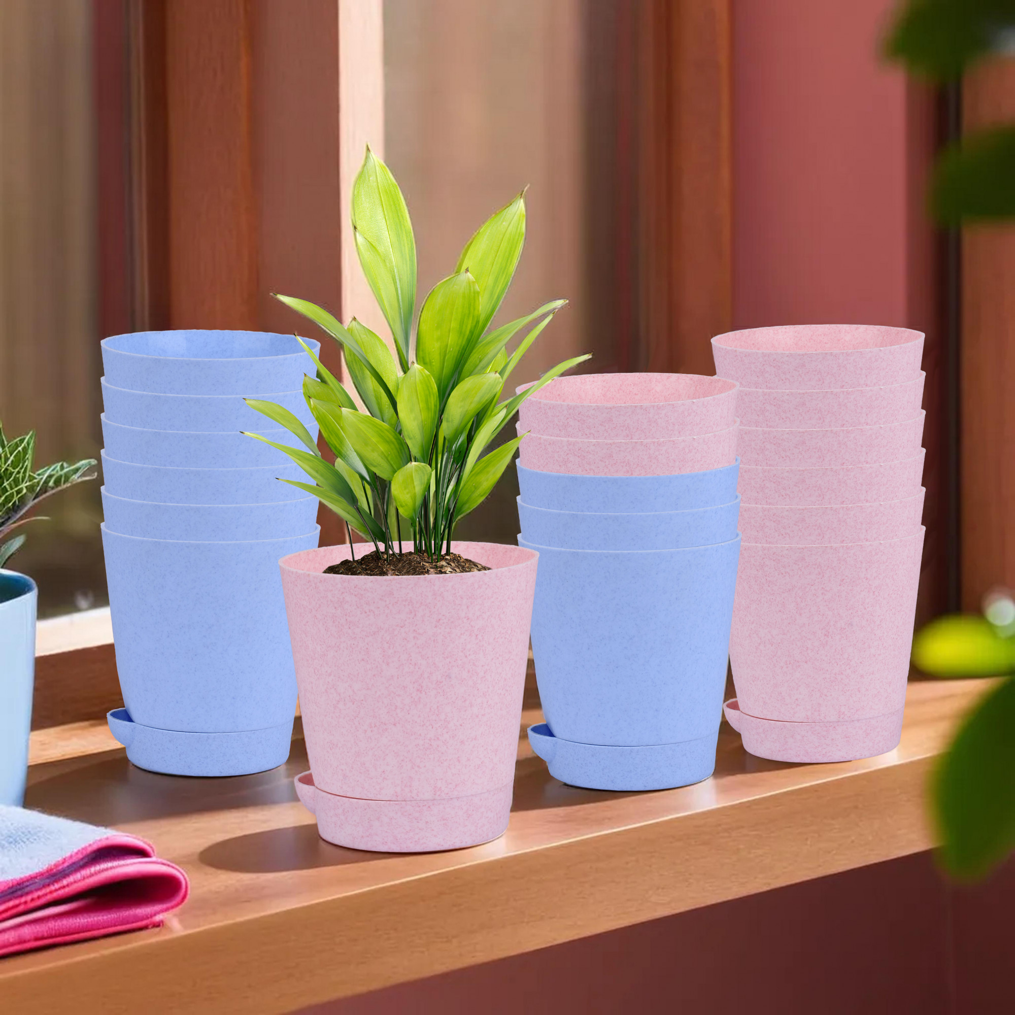 Kuber Industries Flower Pot | Flower Pot for Living Room-Office | Planters for Home-office-Lawns & Garden Décor | Self Watering Flower Planters Pots | Marble Titan | 4 Inch | Blue & Pink