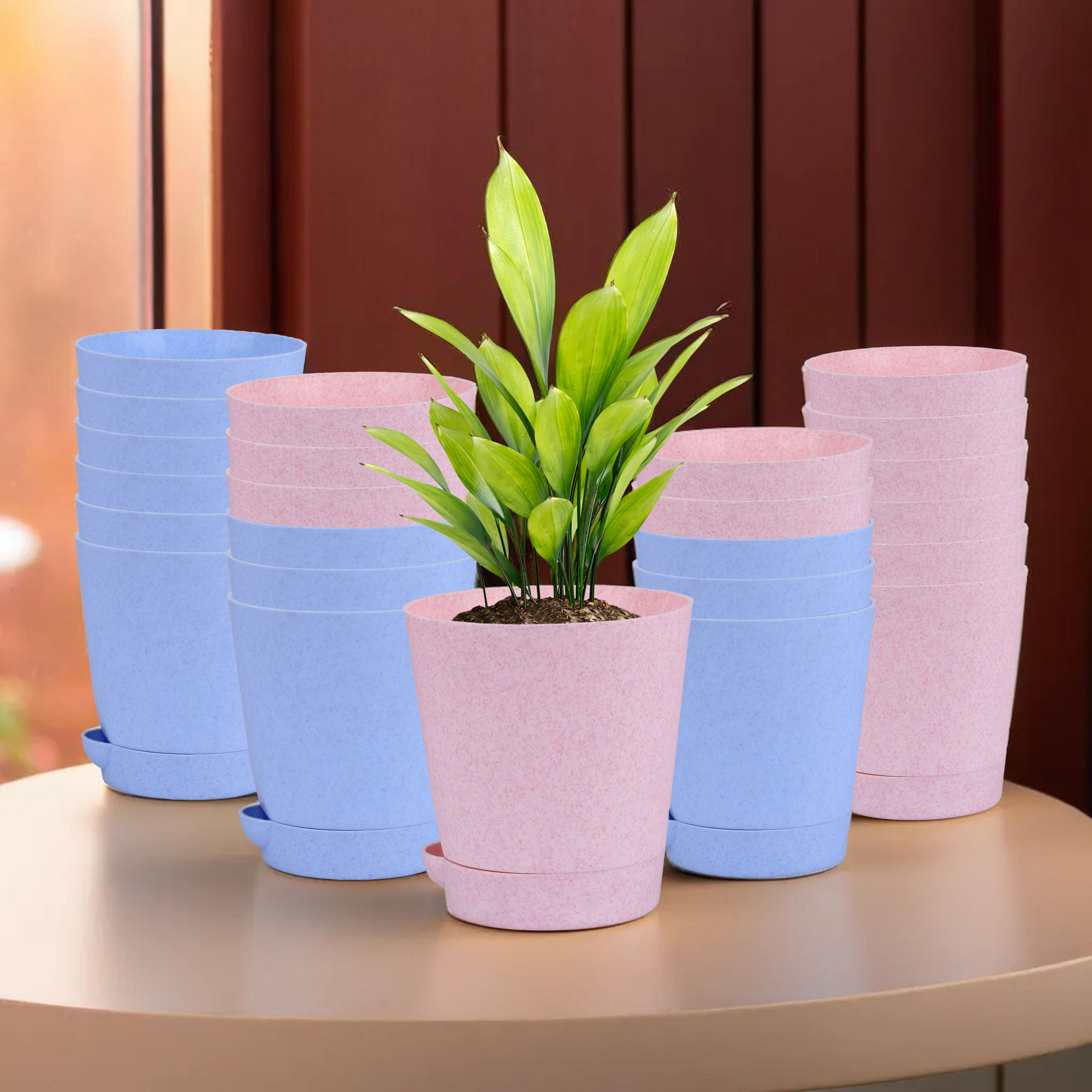 Kuber Industries Flower Pot | Flower Pot for Living Room-Office | Planters for Home-office-Lawns & Garden Décor | Self Watering Flower Planters Pots | Marble Titan | 4 Inch | Blue & Pink