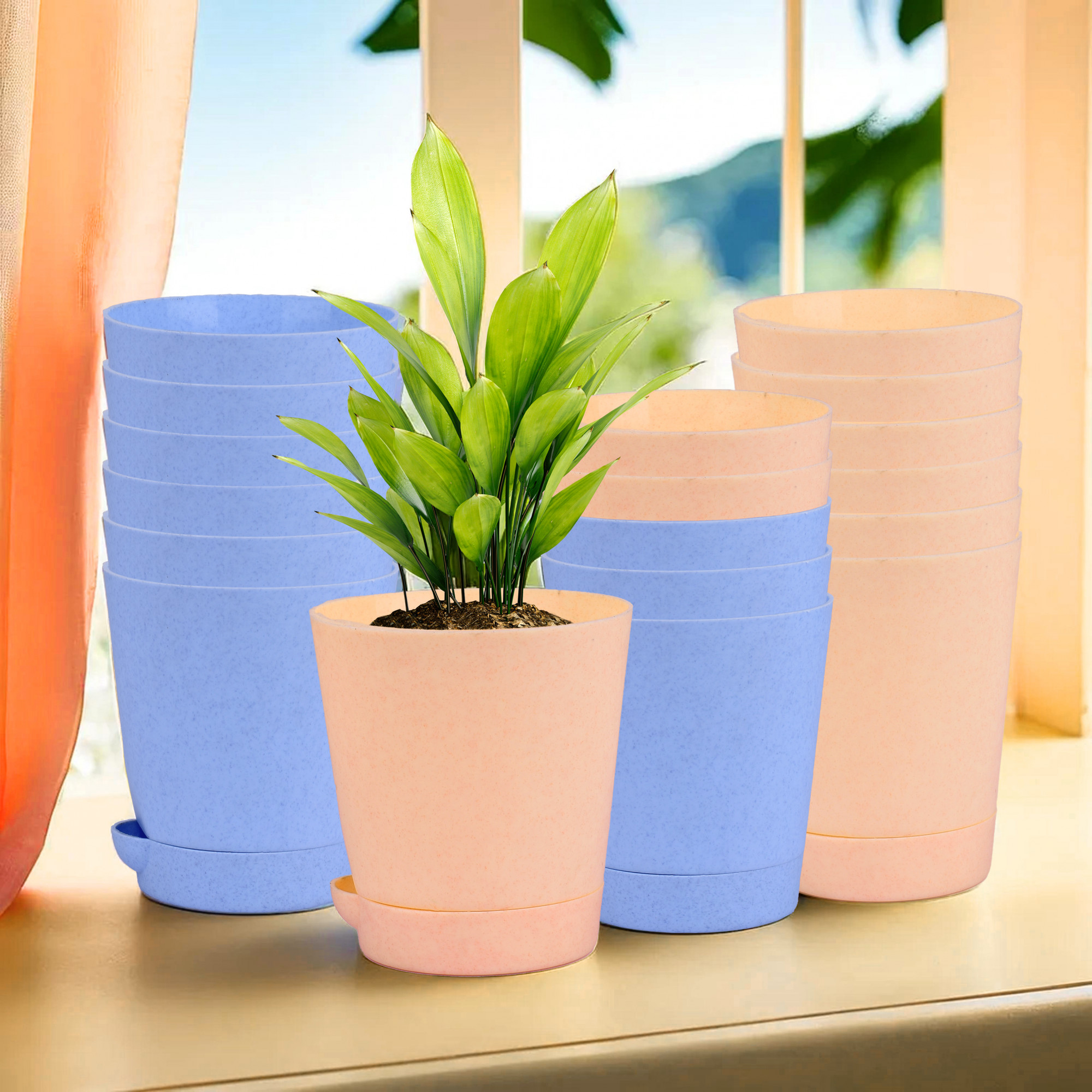 Kuber Industries Flower Pot | Flower Pot for Living Room-Office | Planters for Home-office-Lawns & Garden Décor | Self Watering Flower Planters Pots | Marble Titan | 4 Inch | Blue & Peach
