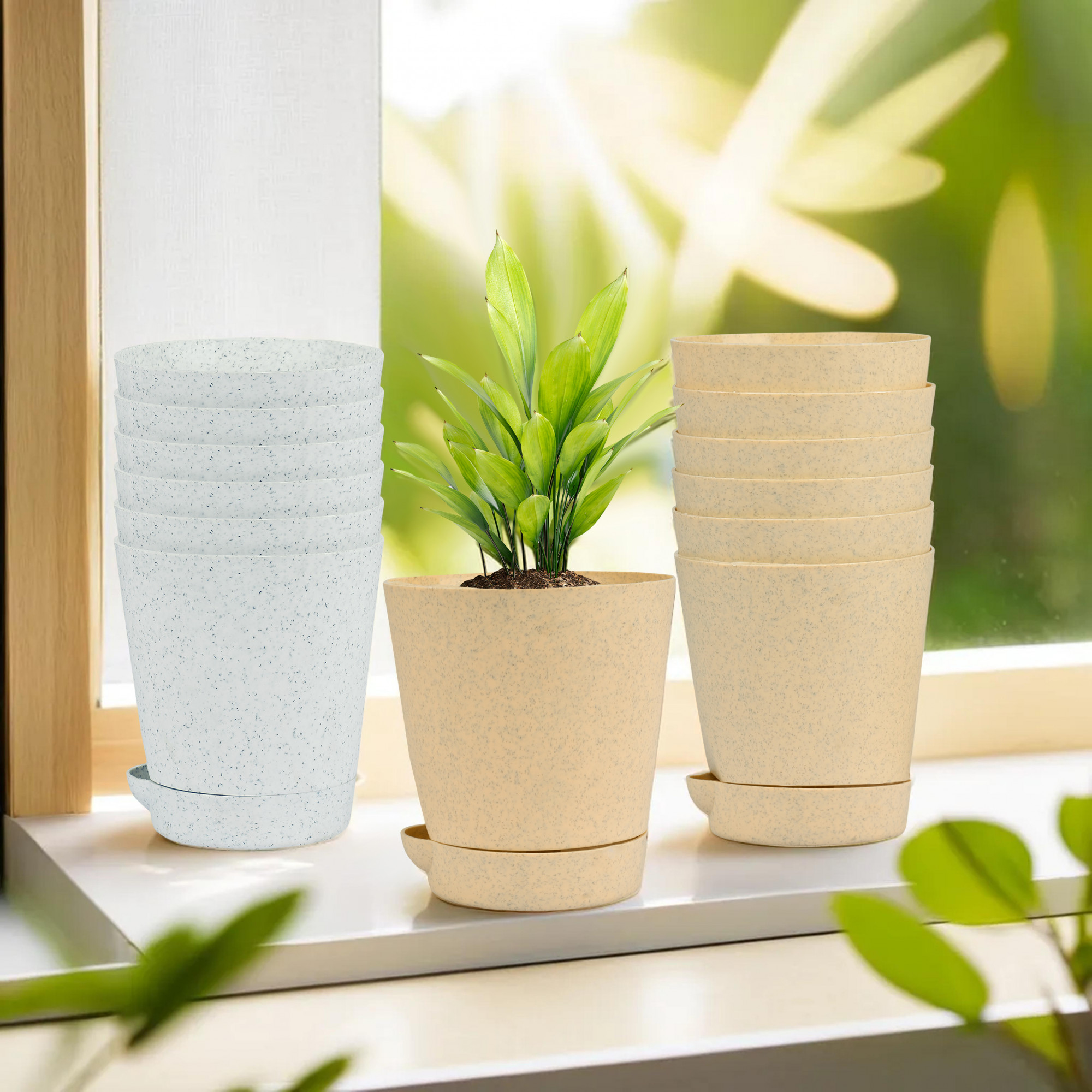 Kuber Industries Flower Pot | Flower Pot for Living Room-Office | Planters for Home-office-Lawns & Garden Décor | Self Watering Flower Planters Pots | Marble Titan | 4 Inch | White & Beige