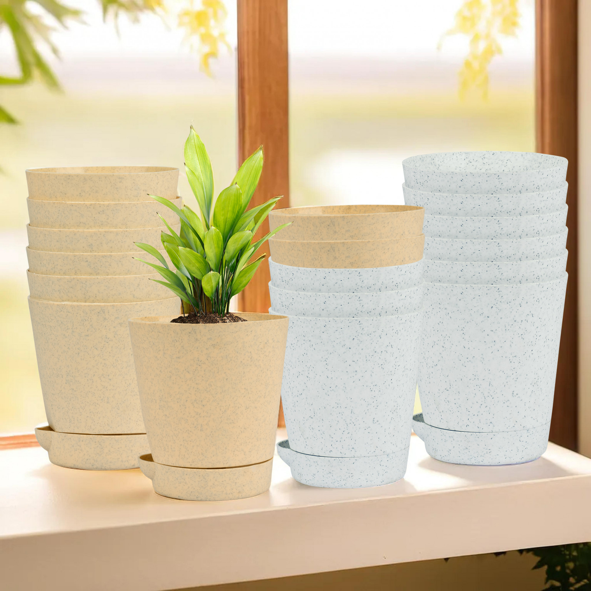 Kuber Industries Flower Pot | Flower Pot for Living Room-Office | Planters for Home-office-Lawns & Garden Décor | Self Watering Flower Planters Pots | Marble Titan | 4 Inch | White & Beige