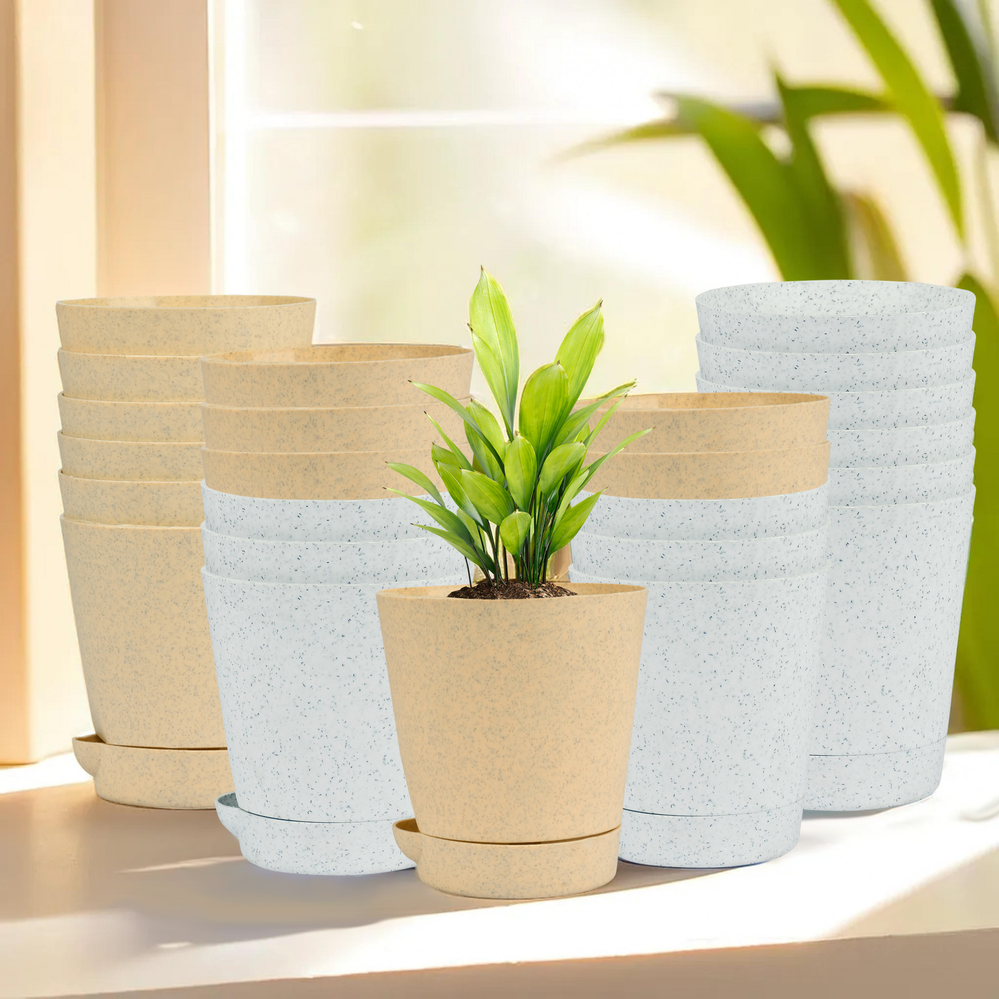 Kuber Industries Flower Pot | Flower Pot for Living Room-Office | Planters for Home-office-Lawns & Garden Décor | Self Watering Flower Planters Pots | Marble Titan | 4 Inch | White & Beige
