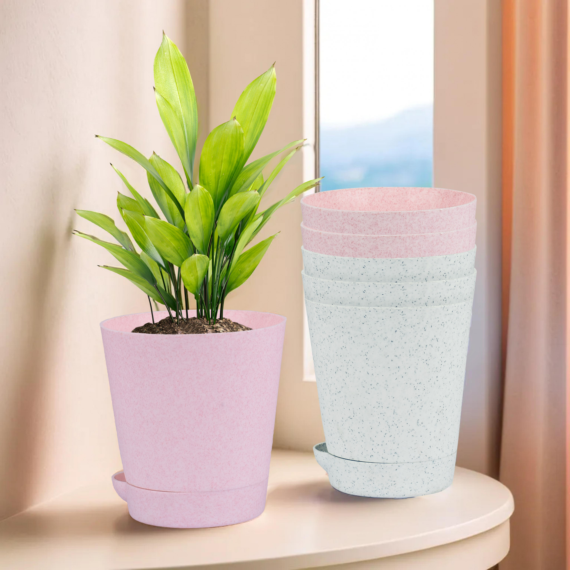 Kuber Industries Flower Pot | Flower Pot for Living Room-Office | Planters for Home-office-Lawns & Garden Décor | Self Watering Flower Planters Pots | Marble Titan | 4 Inch | White & Pink
