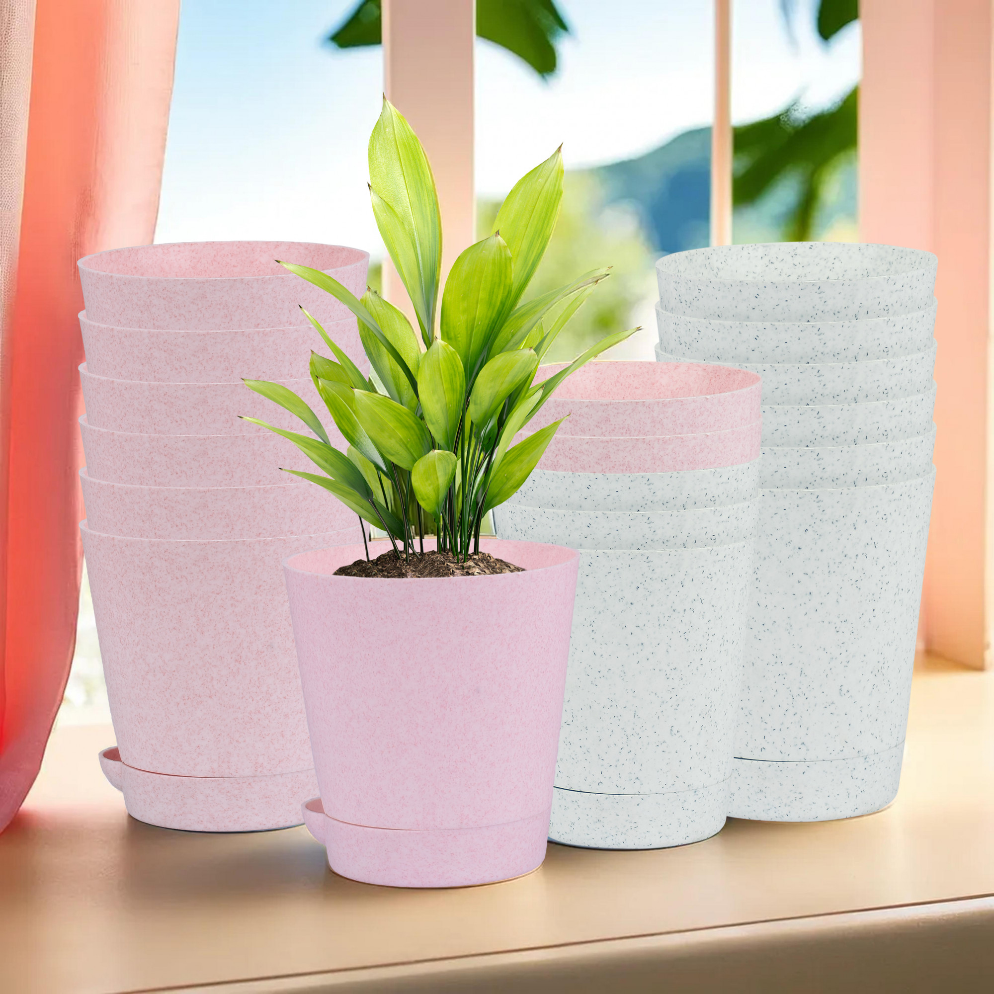 Kuber Industries Flower Pot | Flower Pot for Living Room-Office | Planters for Home-office-Lawns & Garden Décor | Self Watering Flower Planters Pots | Marble Titan | 4 Inch | White & Pink