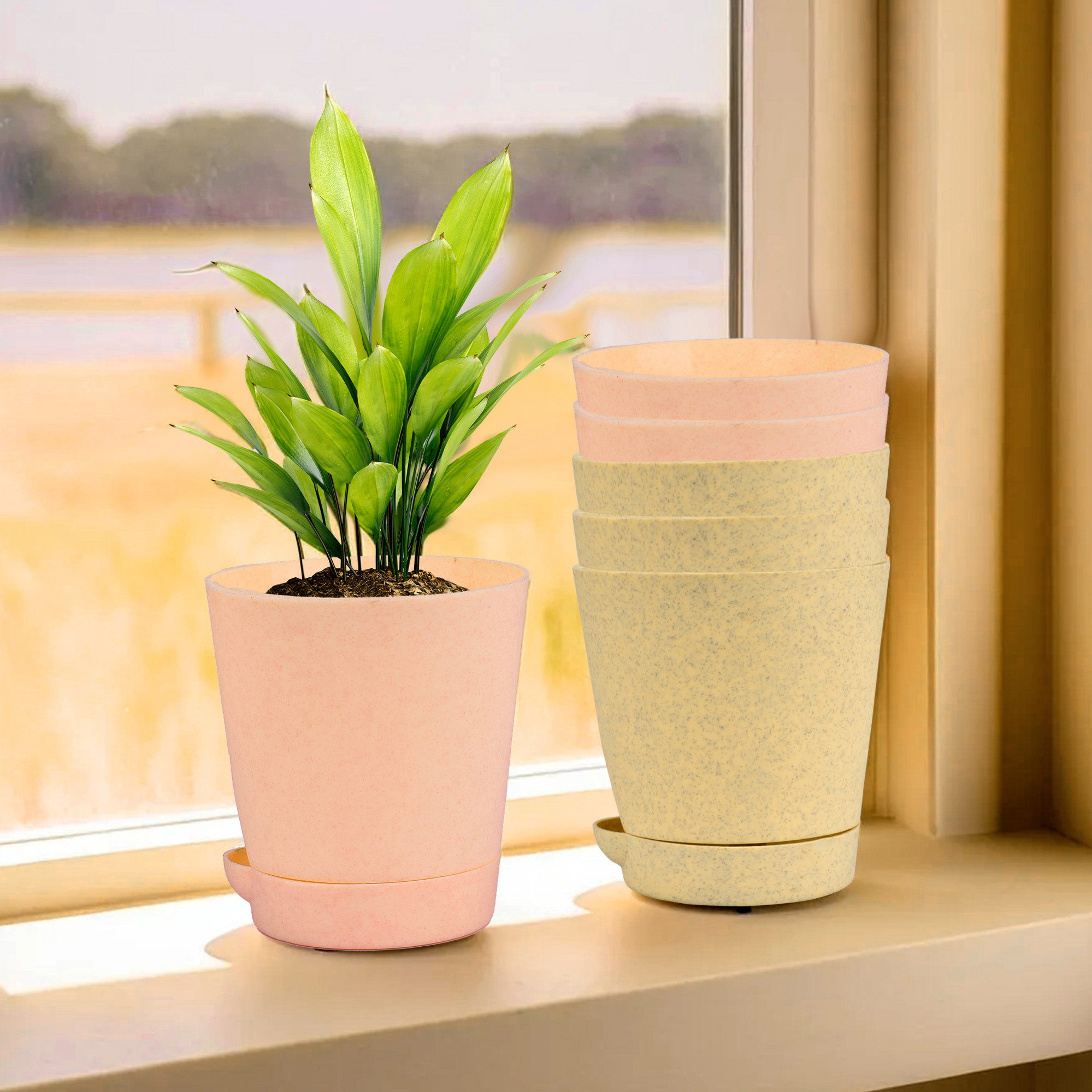 Kuber Industries Flower Pot | Flower Pot for Living Room-Office | Planters for Home-office-Lawns & Garden Décor | Self Watering Flower Planters Pots | Marble Titan | 4 Inch | Beige & Peach