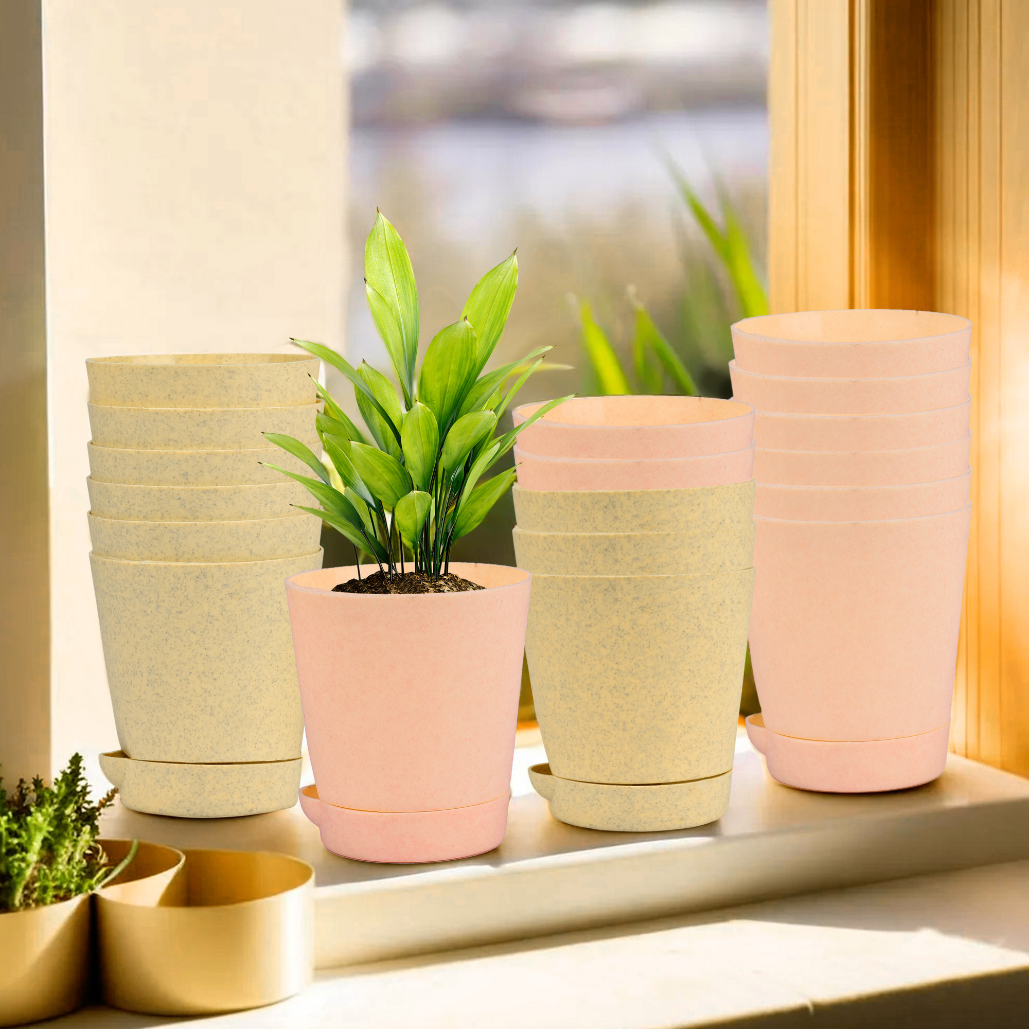 Kuber Industries Flower Pot | Flower Pot for Living Room-Office | Planters for Home-office-Lawns & Garden Décor | Self Watering Flower Planters Pots | Marble Titan | 4 Inch | Beige & Peach