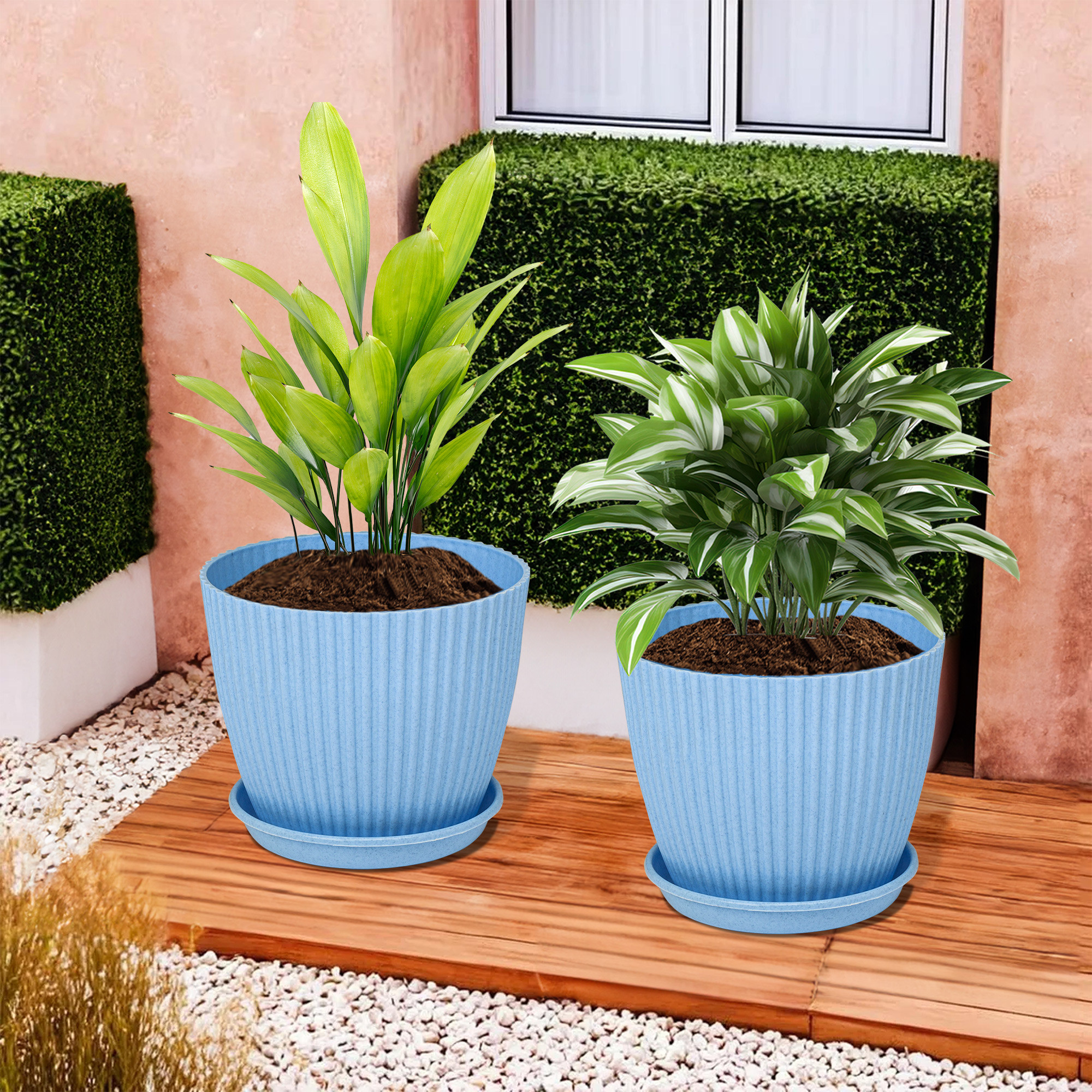 Kuber Industries Flower Pot with Bottom Tray | Flower Container for Living Room | Planters for Home-Lawns & Gardening | Flower Planter for Balcony | Marble Mega | 9 Inch | Blue