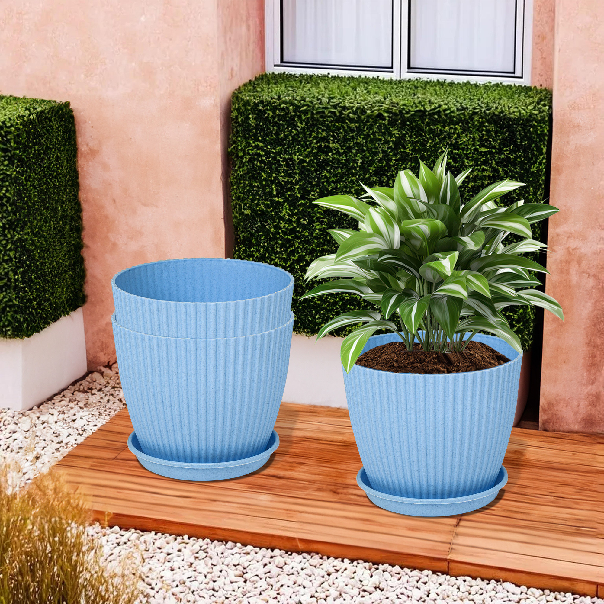 Kuber Industries Flower Pot with Bottom Tray | Flower Container for Living Room | Planters for Home-Lawns & Gardening | Flower Planter for Balcony | Marble Mega | 9 Inch | Blue
