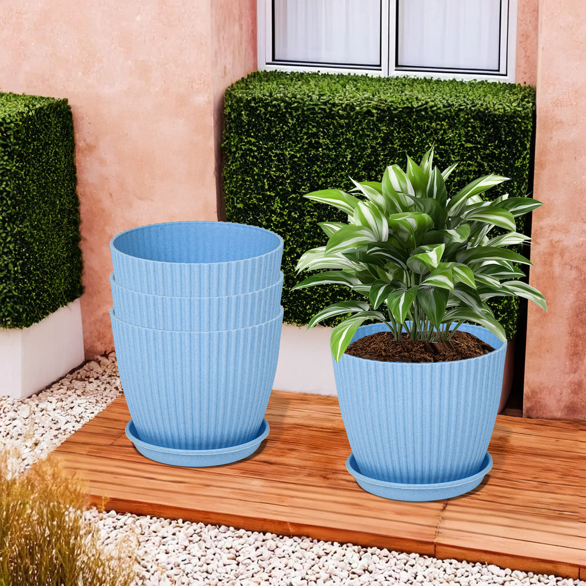 Kuber Industries Flower Pot with Bottom Tray | Flower Container for Living Room | Planters for Home-Lawns & Gardening | Flower Planter for Balcony | Marble Mega | 9 Inch | Blue