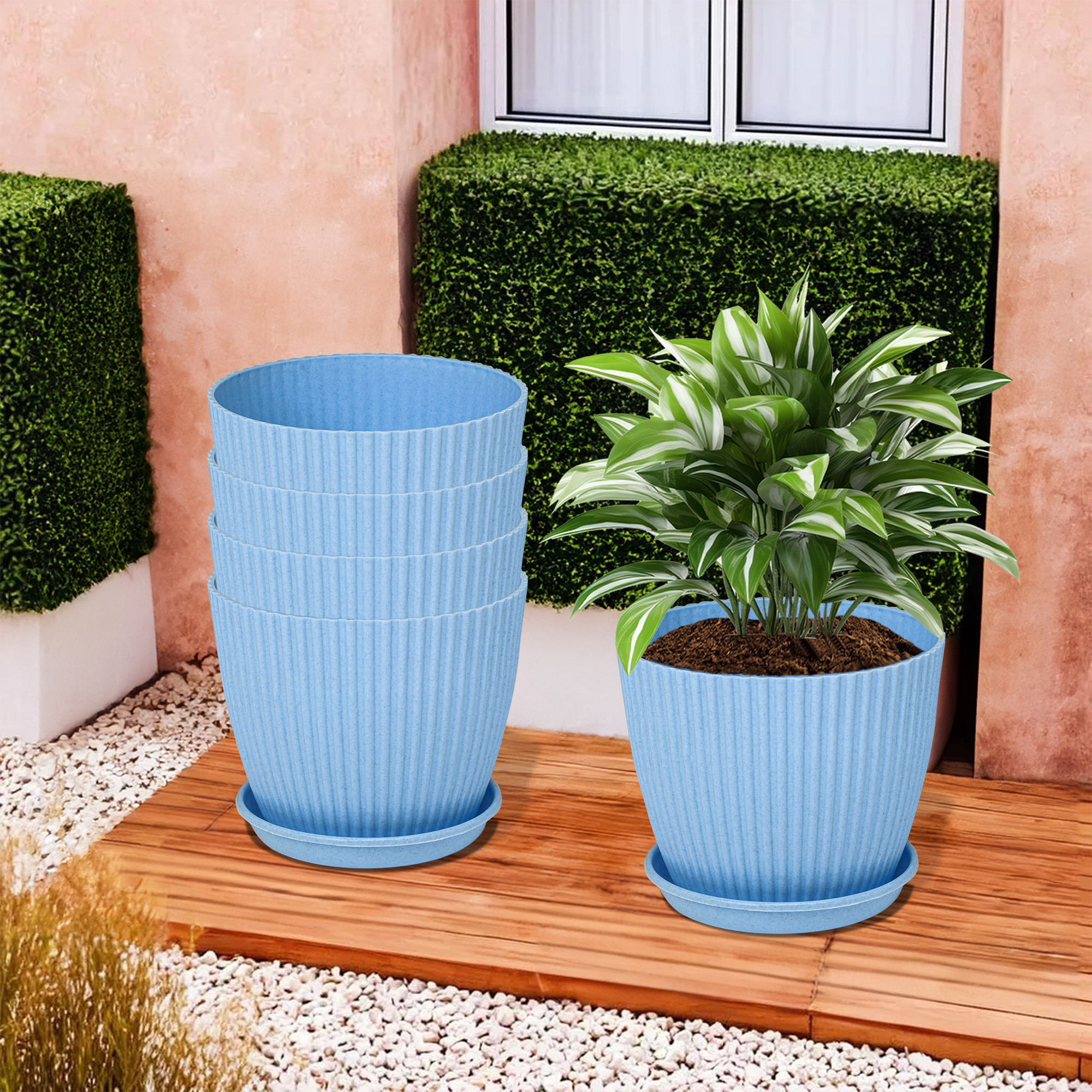 Kuber Industries Flower Pot with Bottom Tray | Flower Container for Living Room | Planters for Home-Lawns & Gardening | Flower Planter for Balcony | Marble Mega | 9 Inch | Blue