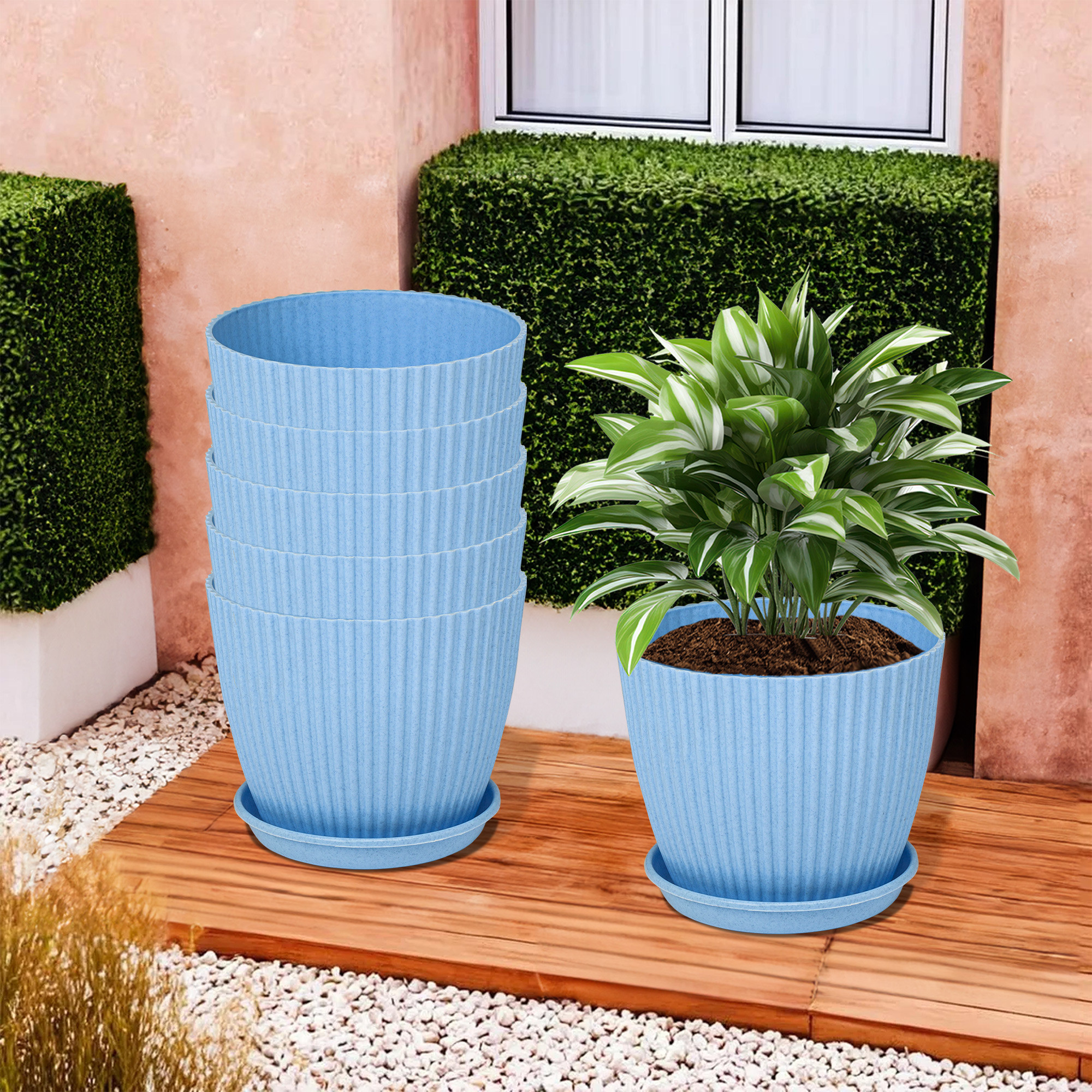 Kuber Industries Flower Pot with Bottom Tray | Flower Container for Living Room | Planters for Home-Lawns & Gardening | Flower Planter for Balcony | Marble Mega | 9 Inch | Blue