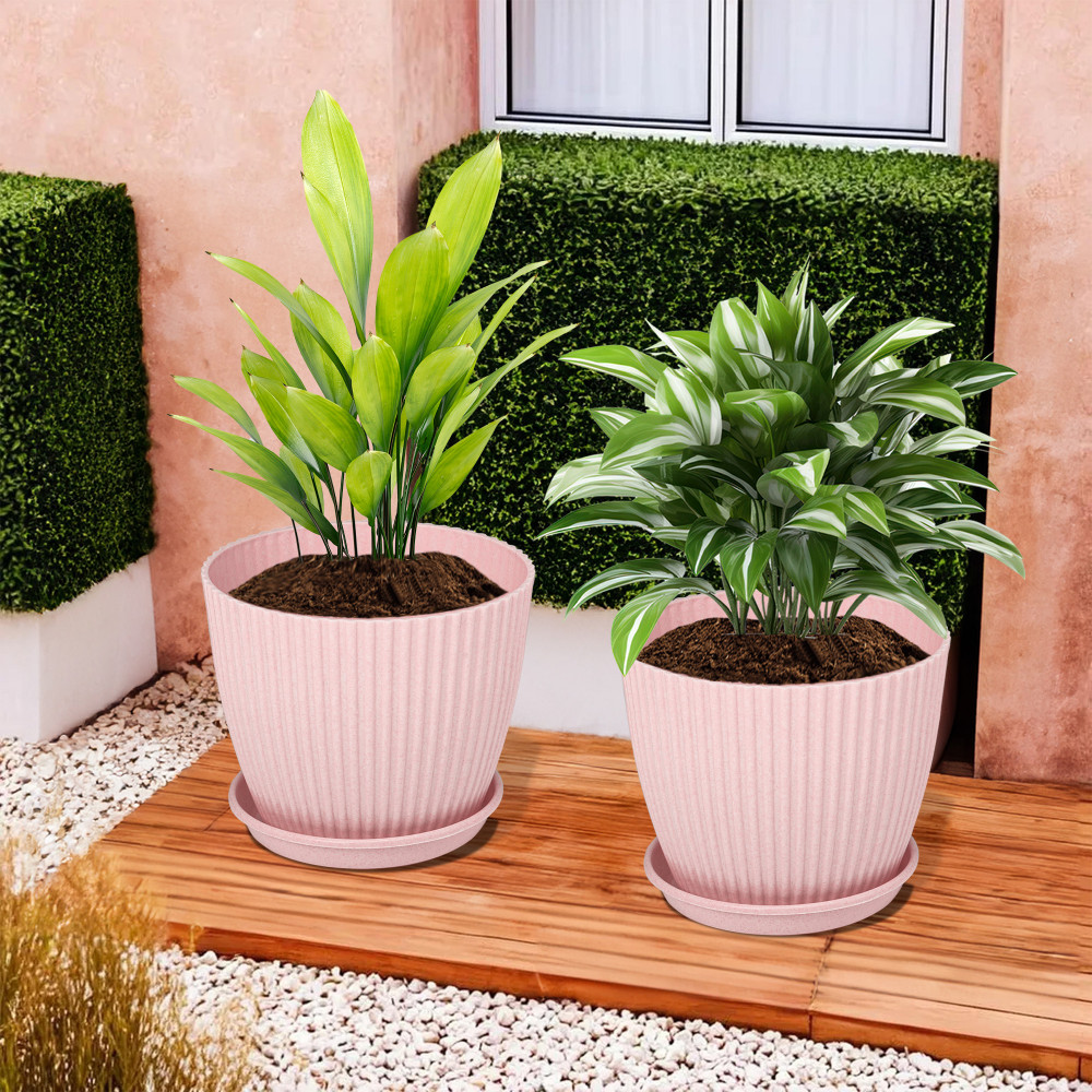 Kuber Industries Flower Pot with Bottom Tray | Flower Container for Living Room | Planters for Home-Lawns &amp; Gardening | Flower Planter for Balcony | Marble Mega | 9 Inch | Pink