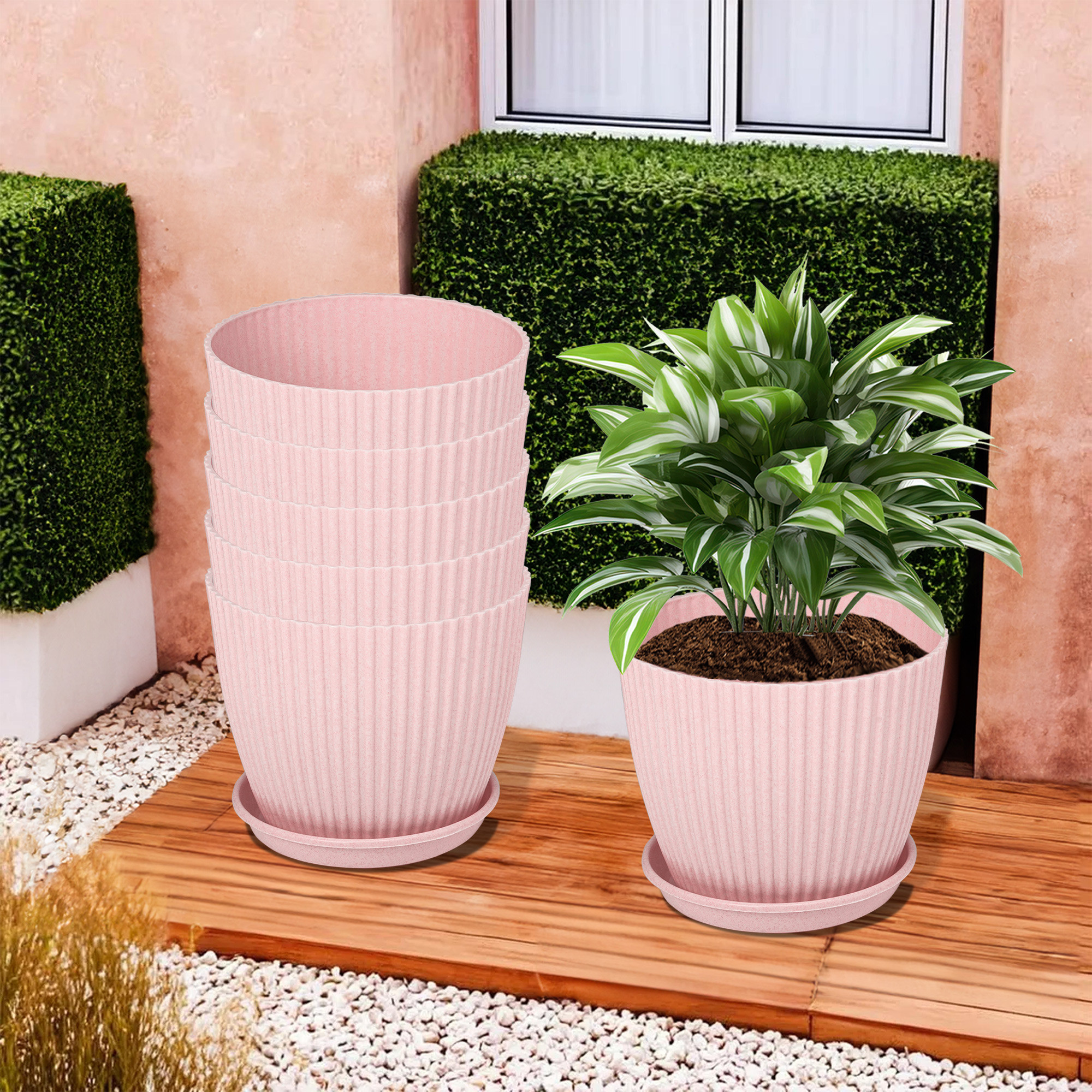 Kuber Industries Flower Pot with Bottom Tray | Flower Container for Living Room | Planters for Home-Lawns & Gardening | Flower Planter for Balcony | Marble Mega | 9 Inch | Pink
