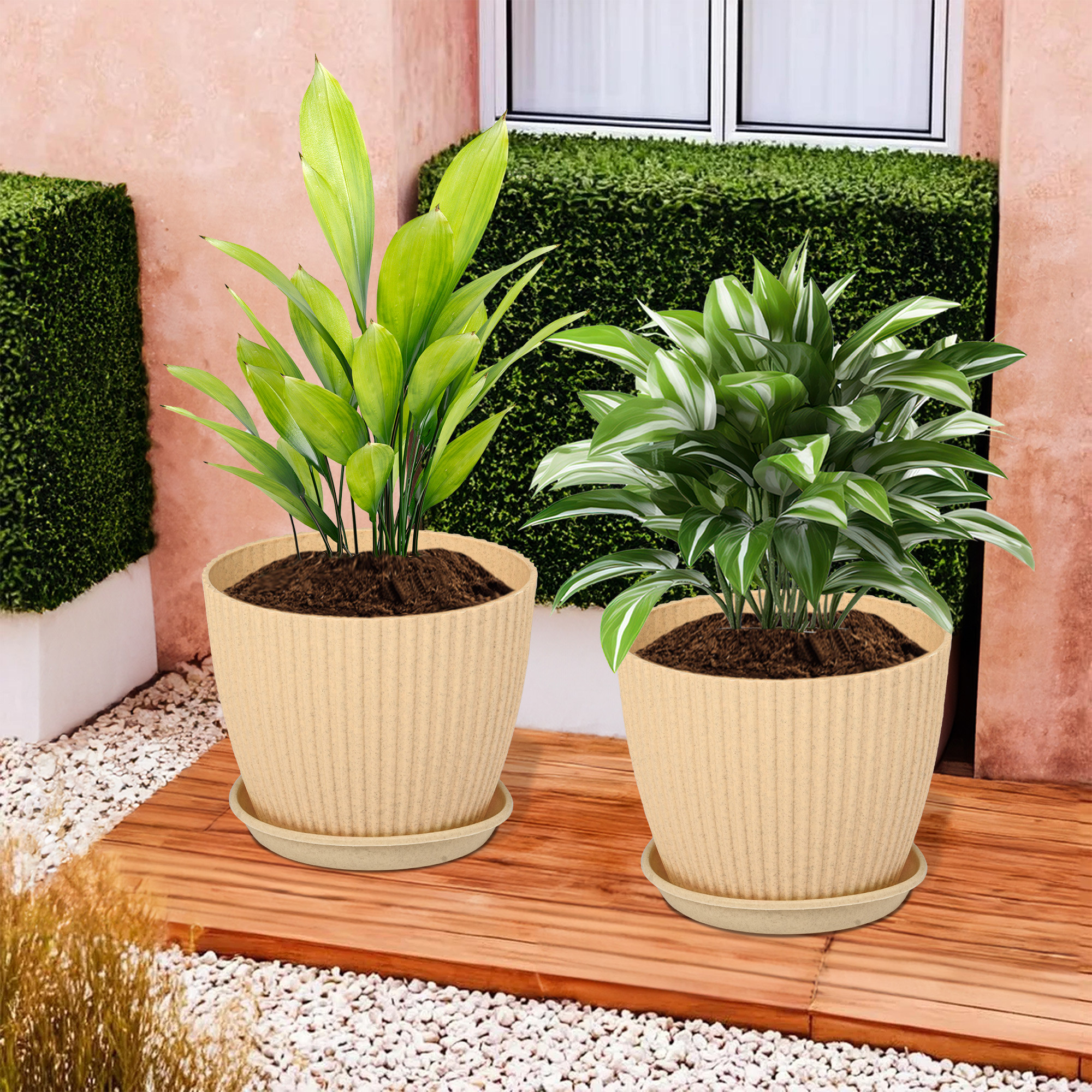 Kuber Industries Flower Pot with Bottom Tray | Flower Container for Living Room | Planters for Home-Lawns & Gardening | Flower Planter for Balcony | Marble Mega | 9 Inch | Beige