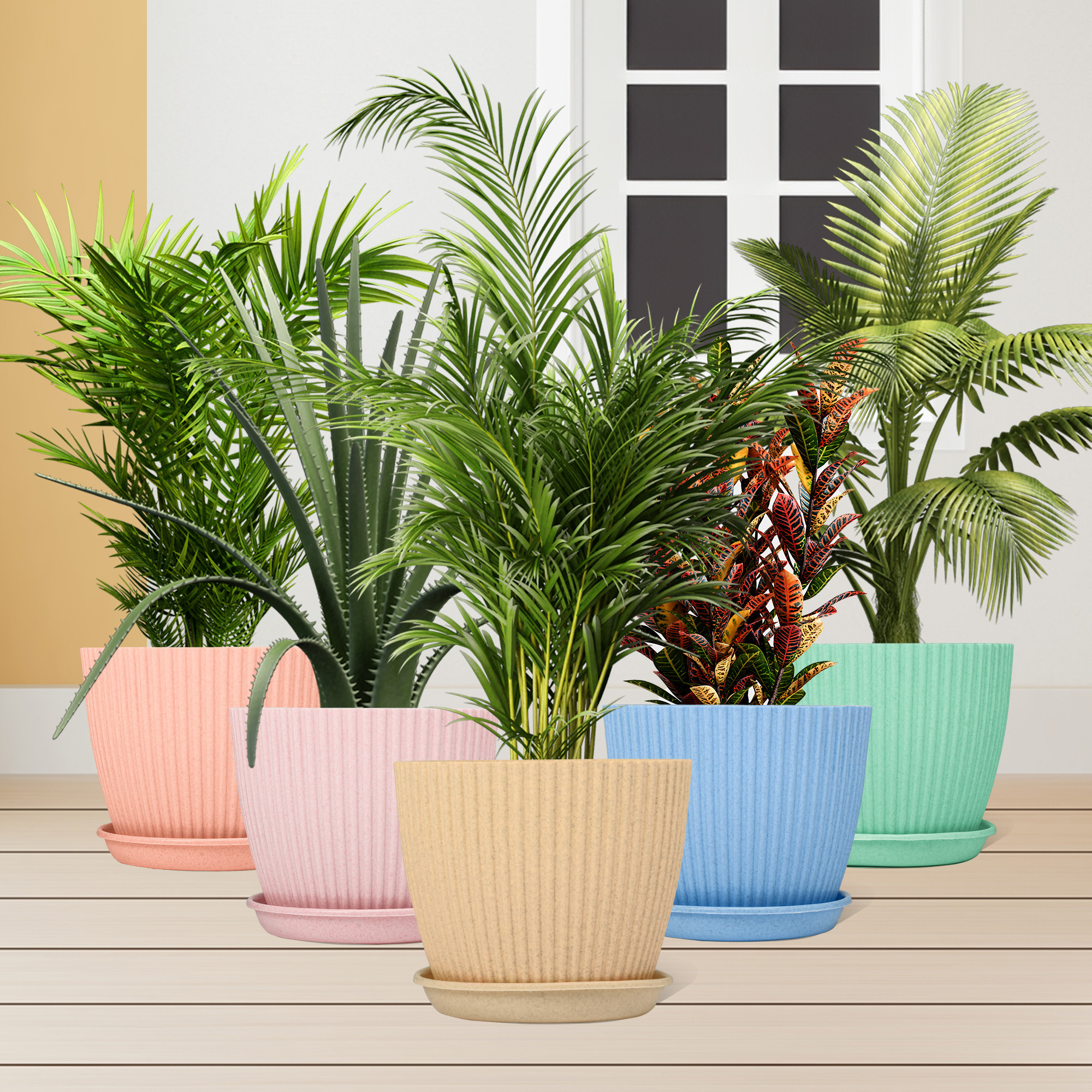 Kuber Industries Flower Pot with Bottom Tray | Flower Container for Living Room | Planters for Home-Lawns & Gardening | Flower Planter for Balcony | Marble Mega | 9 Inch | Beige