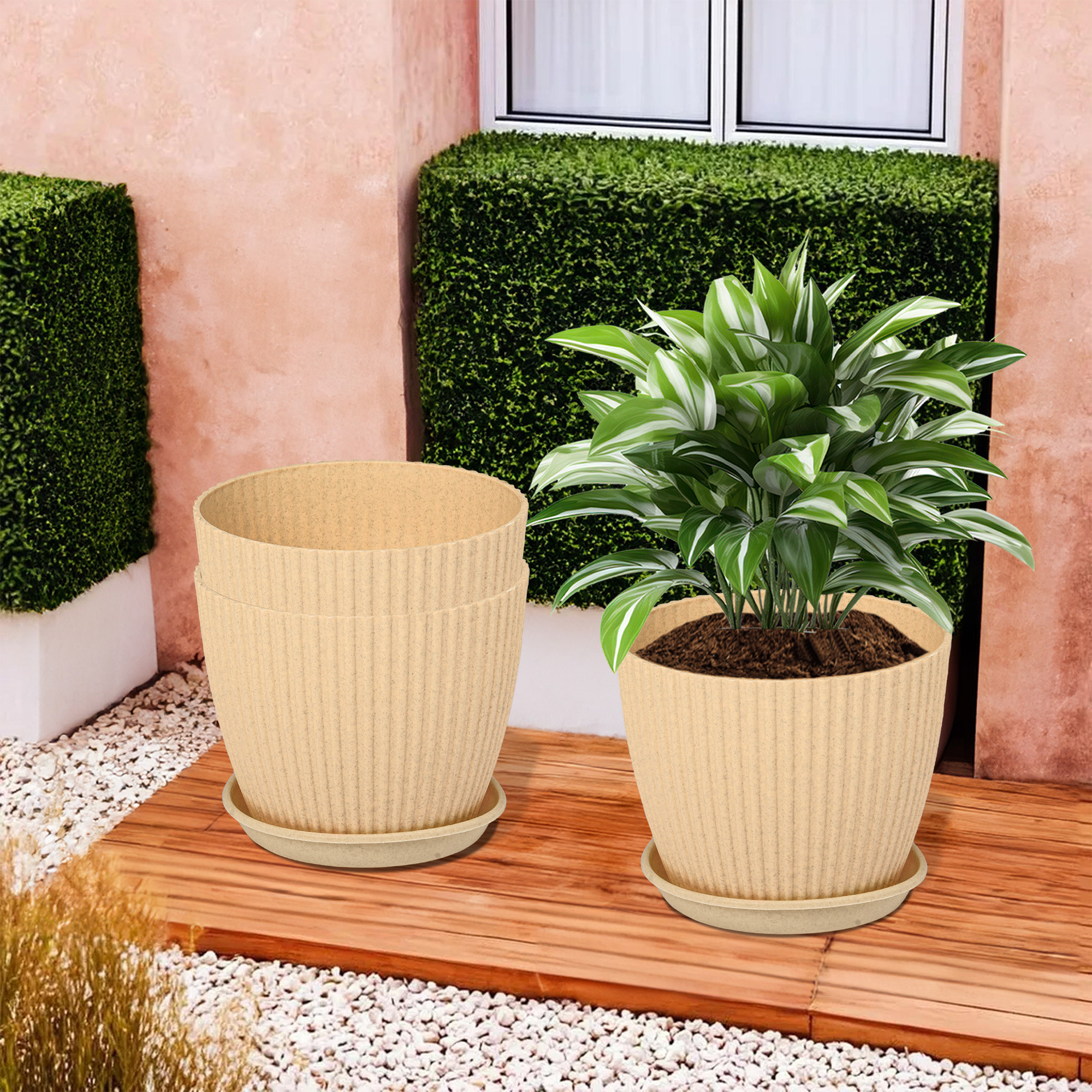 Kuber Industries Flower Pot with Bottom Tray | Flower Container for Living Room | Planters for Home-Lawns & Gardening | Flower Planter for Balcony | Marble Mega | 9 Inch | Beige