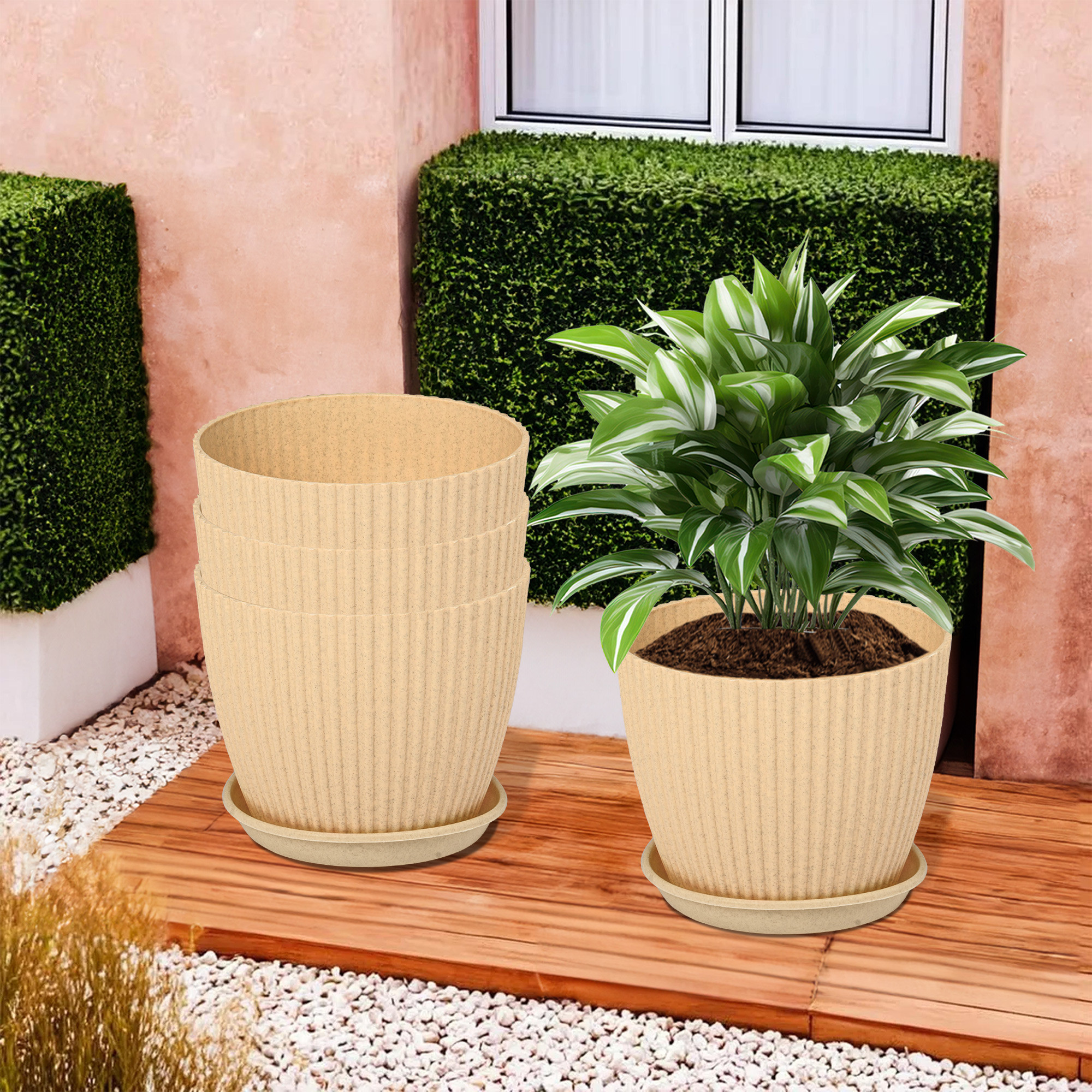 Kuber Industries Flower Pot with Bottom Tray | Flower Container for Living Room | Planters for Home-Lawns & Gardening | Flower Planter for Balcony | Marble Mega | 9 Inch | Beige