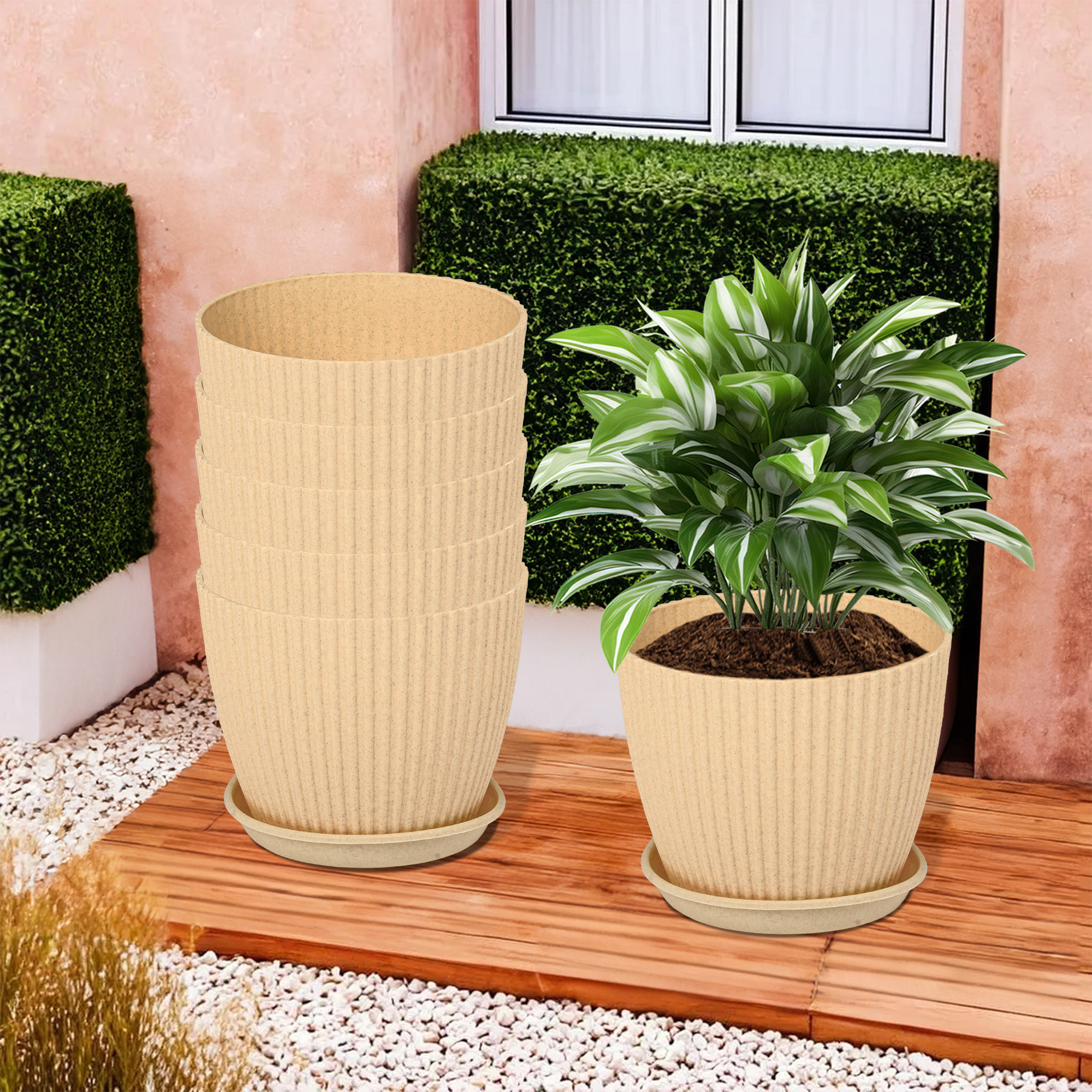 Kuber Industries Flower Pot with Bottom Tray | Flower Container for Living Room | Planters for Home-Lawns & Gardening | Flower Planter for Balcony | Marble Mega | 9 Inch | Beige