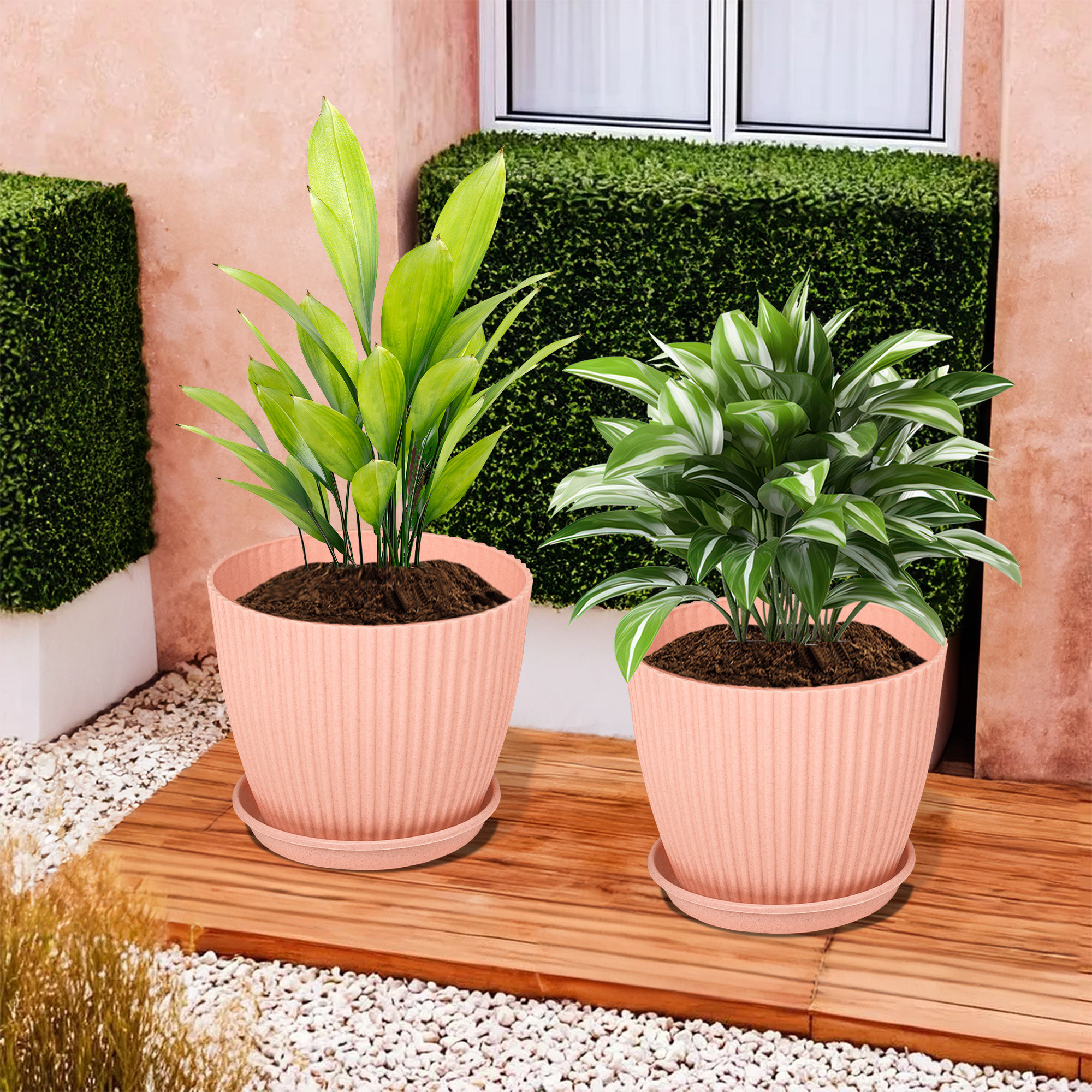 Kuber Industries Flower Pot with Bottom Tray | Flower Container for Living Room | Planters for Home-Lawns & Gardening | Flower Planter for Balcony | Marble Mega | 9 Inch | Peach