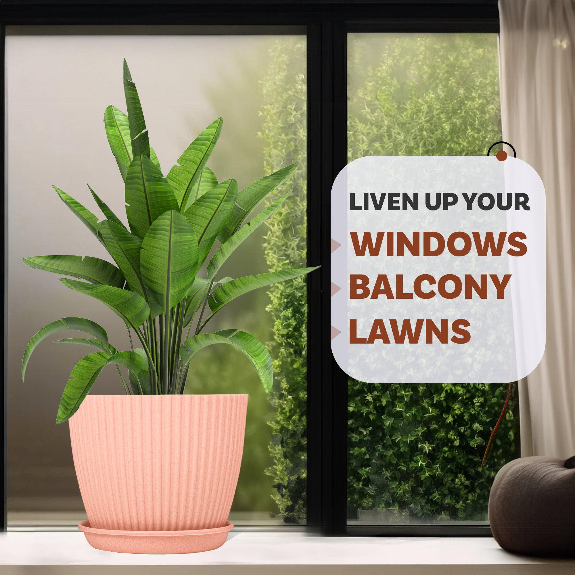 Kuber Industries Flower Pot with Bottom Tray | Flower Container for Living Room | Planters for Home-Lawns & Gardening | Flower Planter for Balcony | Marble Mega | 9 Inch | Peach