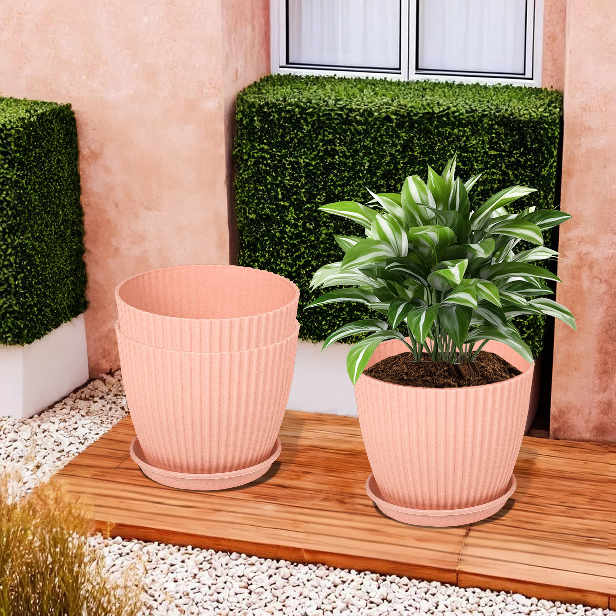 Kuber Industries Flower Pot with Bottom Tray | Flower Container for Living Room | Planters for Home-Lawns & Gardening | Flower Planter for Balcony | Marble Mega | 9 Inch | Peach