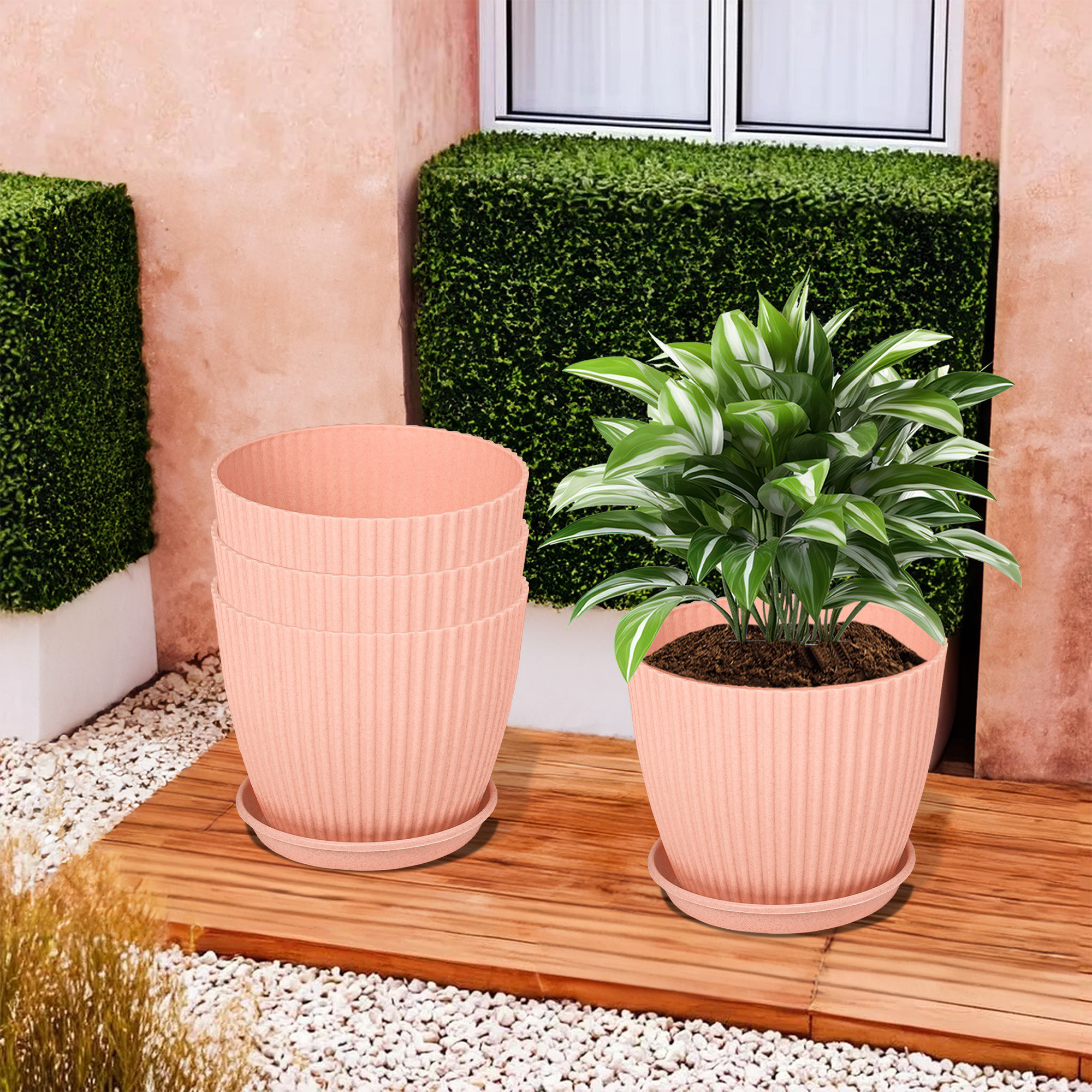 Kuber Industries Flower Pot with Bottom Tray | Flower Container for Living Room | Planters for Home-Lawns & Gardening | Flower Planter for Balcony | Marble Mega | 9 Inch | Peach
