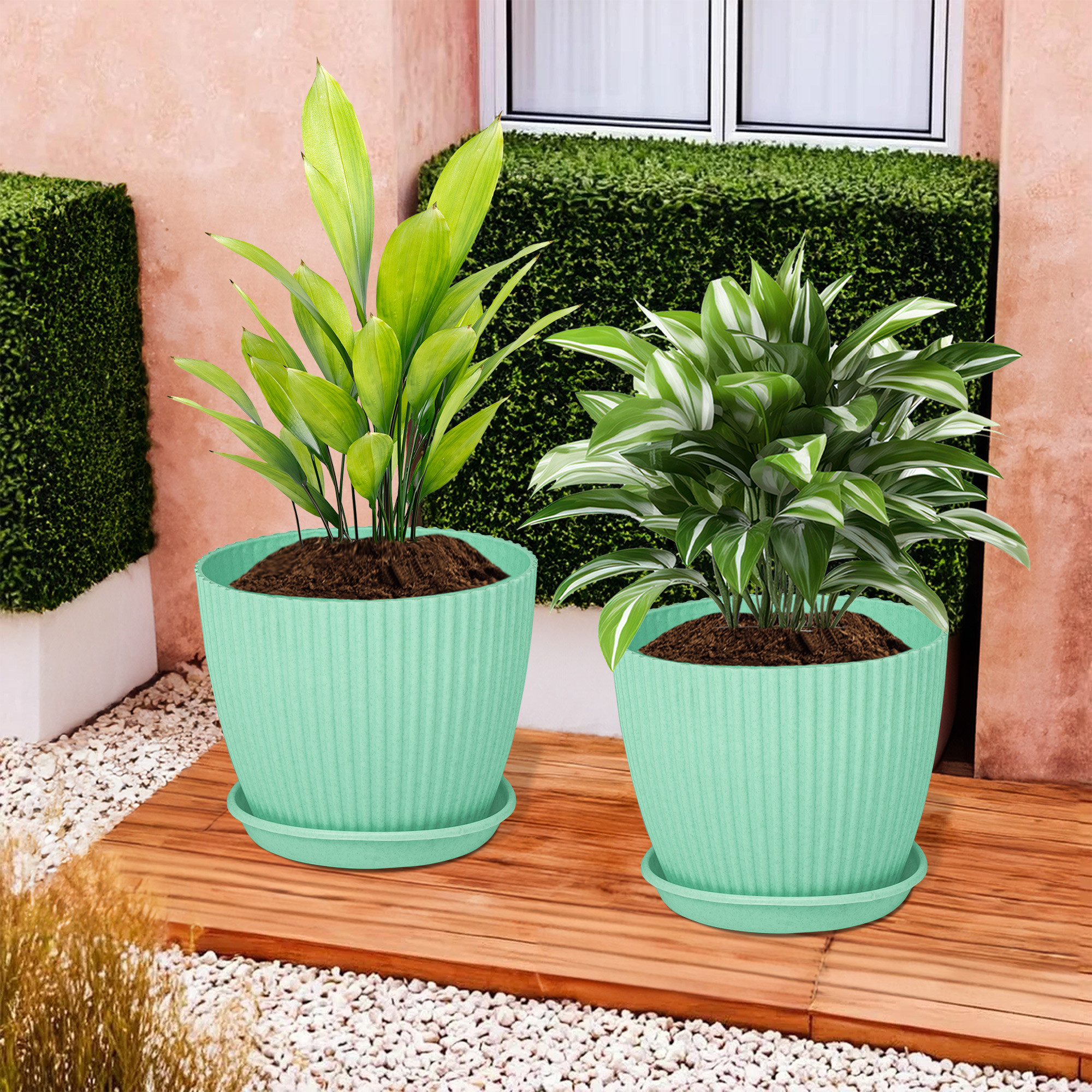 Kuber Industries Flower Pot with Bottom Tray | Flower Container for Living Room | Planters for Home-Lawns & Gardening | Flower Planter for Balcony | Marble Mega | 9 Inch | Mint Green