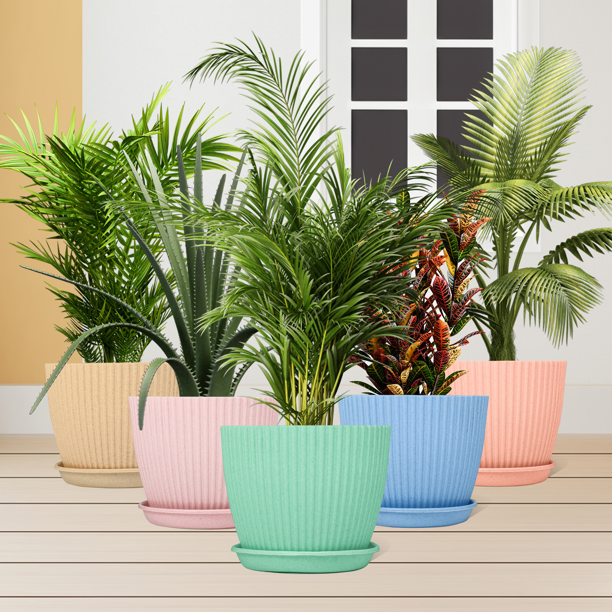 Kuber Industries Flower Pot with Bottom Tray | Flower Container for Living Room | Planters for Home-Lawns & Gardening | Flower Planter for Balcony | Marble Mega | 9 Inch | Mint Green