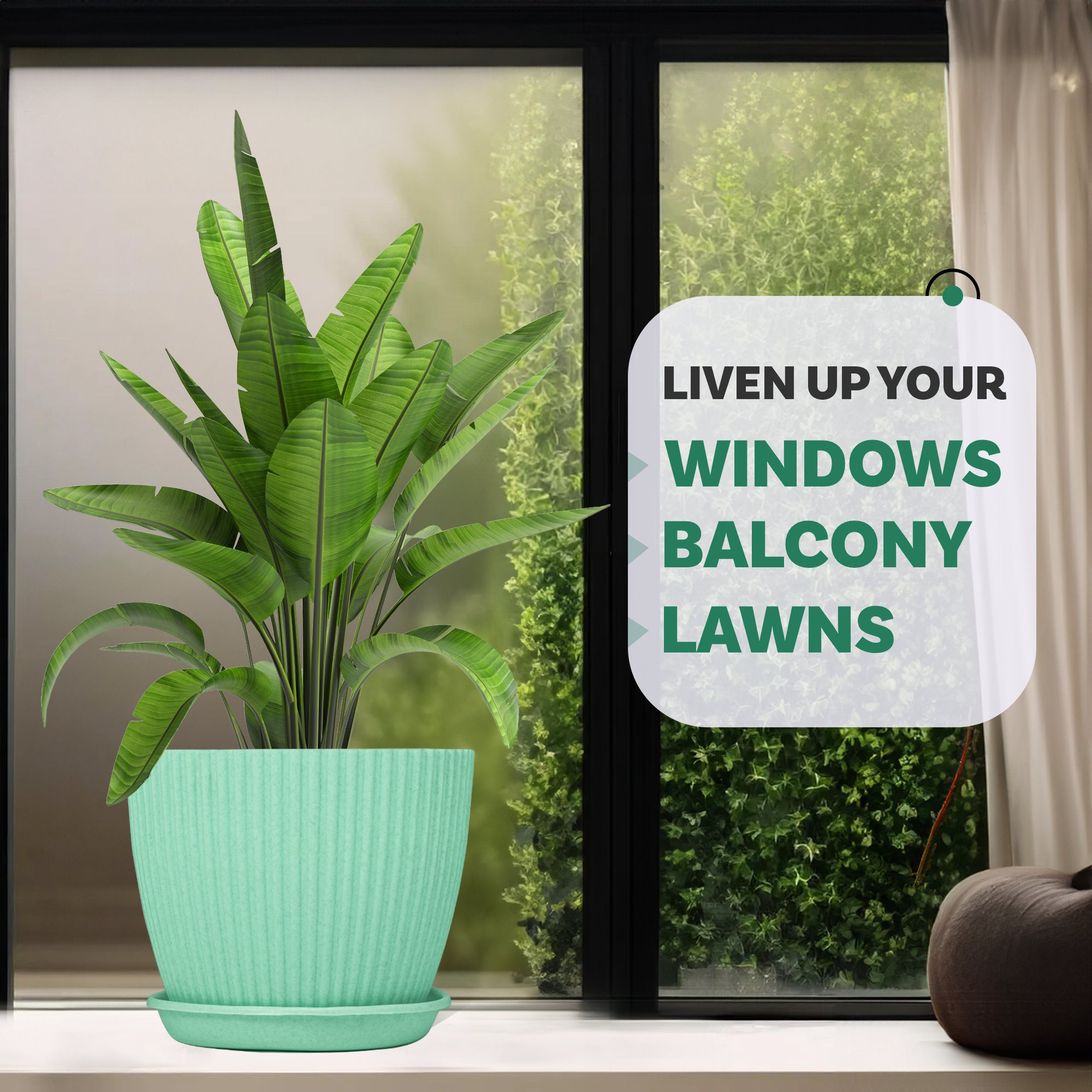 Kuber Industries Flower Pot with Bottom Tray | Flower Container for Living Room | Planters for Home-Lawns & Gardening | Flower Planter for Balcony | Marble Mega | 9 Inch | Mint Green