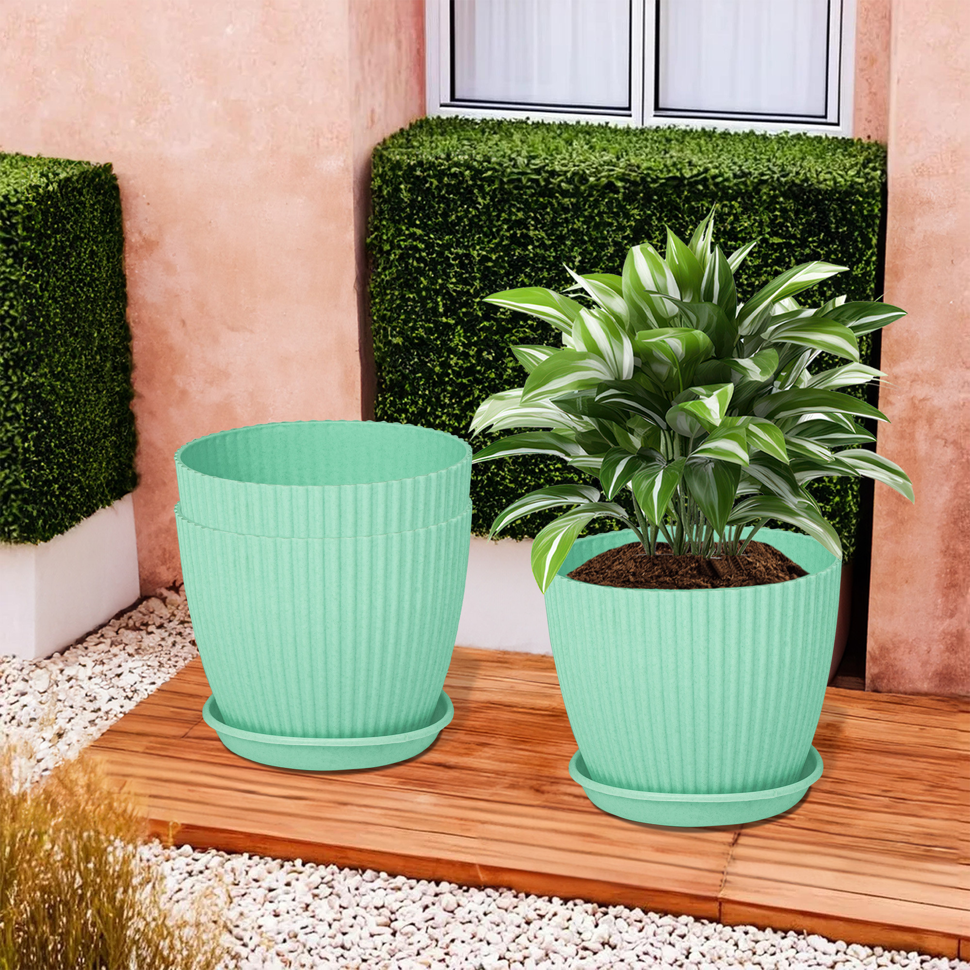 Kuber Industries Flower Pot with Bottom Tray | Flower Container for Living Room | Planters for Home-Lawns & Gardening | Flower Planter for Balcony | Marble Mega | 9 Inch | Mint Green