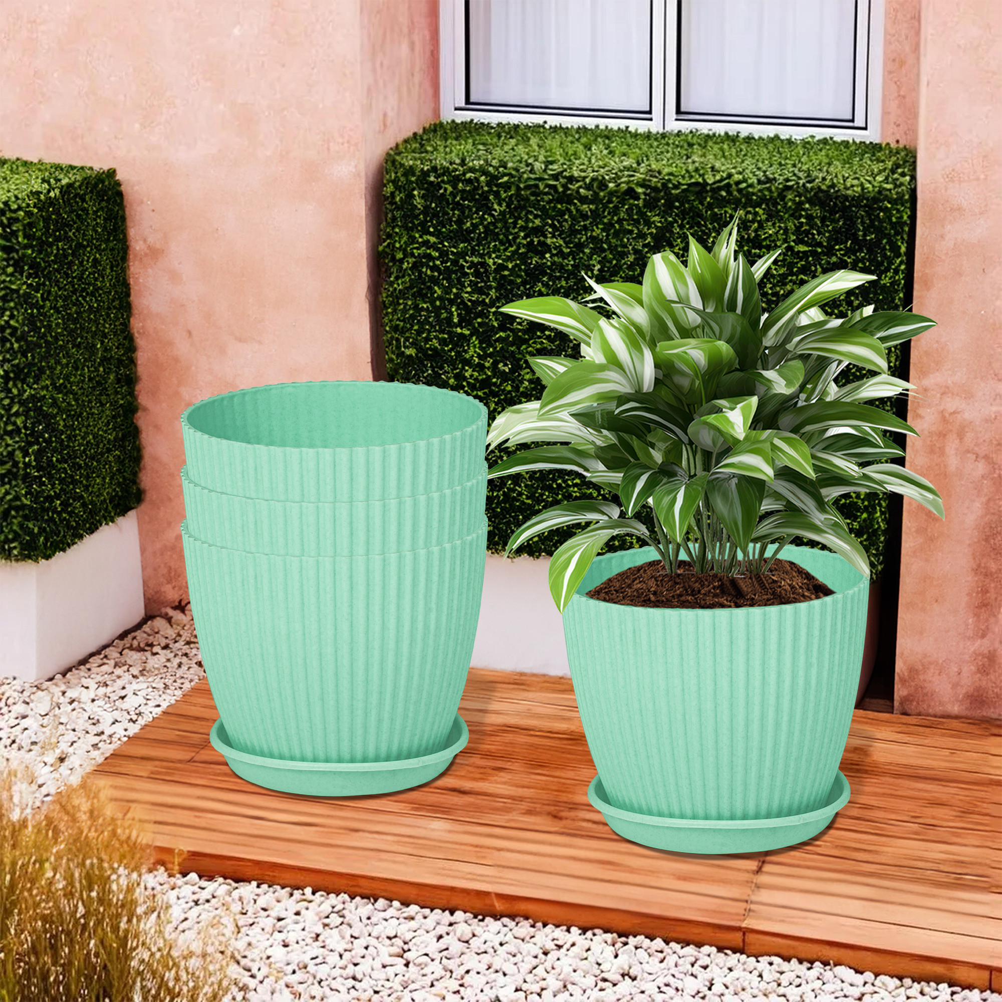 Kuber Industries Flower Pot with Bottom Tray | Flower Container for Living Room | Planters for Home-Lawns & Gardening | Flower Planter for Balcony | Marble Mega | 9 Inch | Mint Green