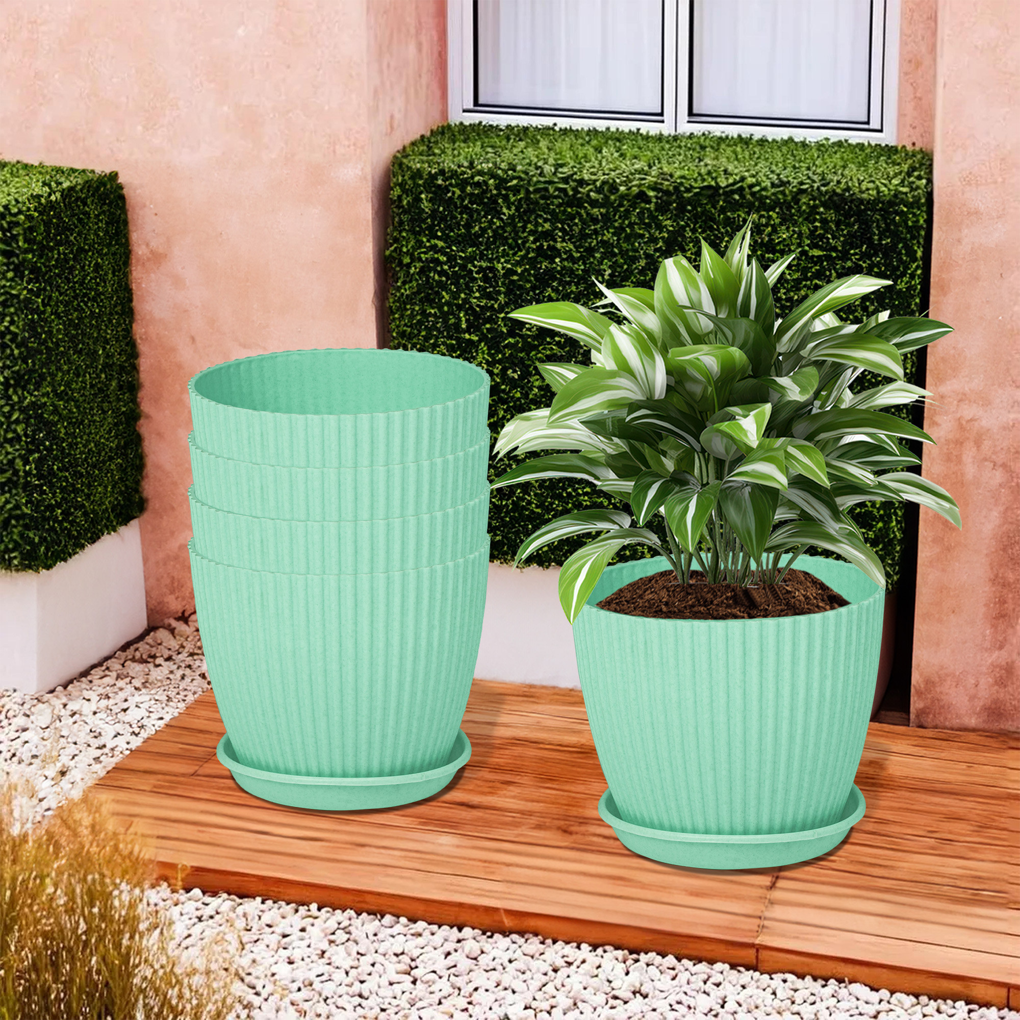 Kuber Industries Flower Pot with Bottom Tray | Flower Container for Living Room | Planters for Home-Lawns & Gardening | Flower Planter for Balcony | Marble Mega | 9 Inch | Mint Green