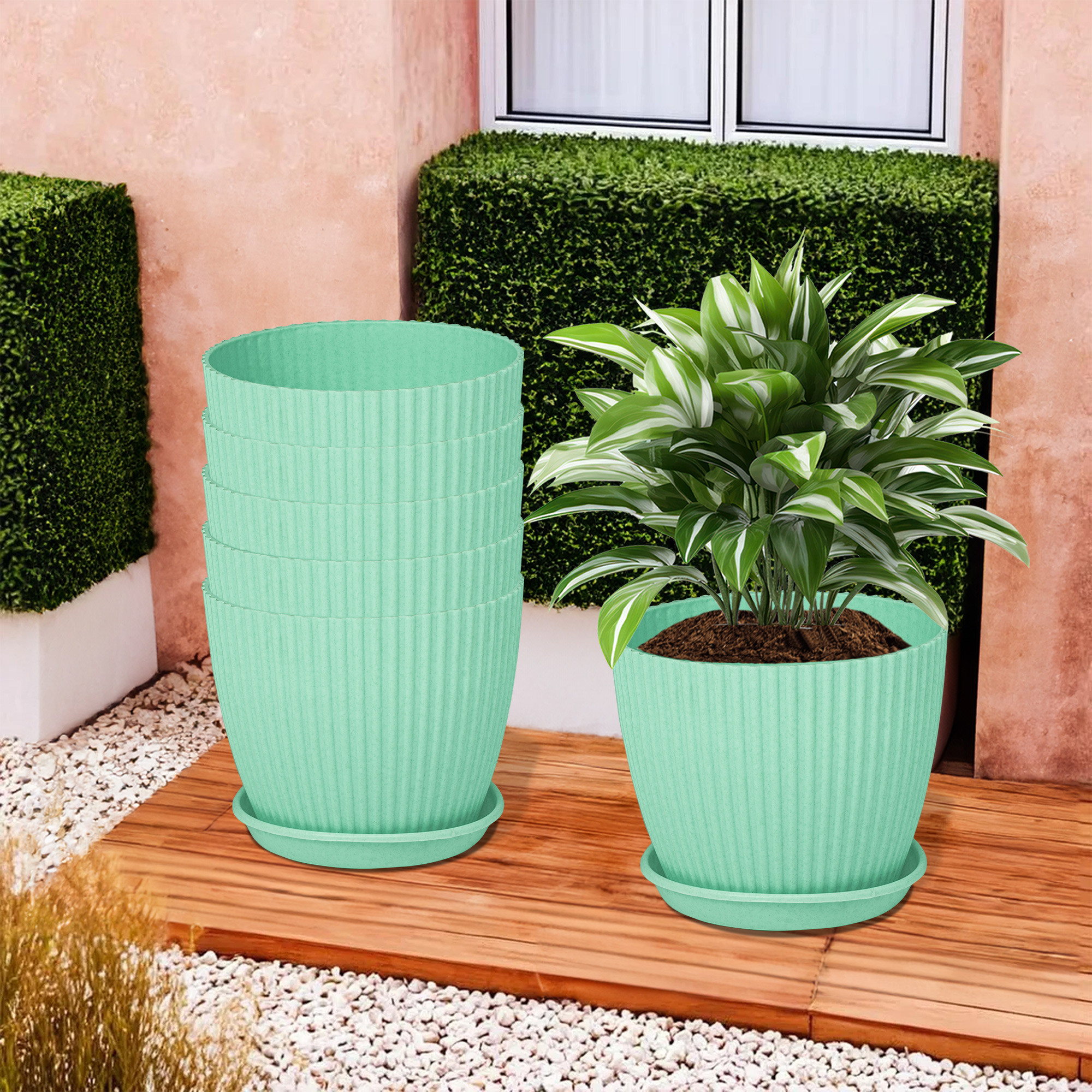Kuber Industries Flower Pot with Bottom Tray | Flower Container for Living Room | Planters for Home-Lawns & Gardening | Flower Planter for Balcony | Marble Mega | 9 Inch | Mint Green