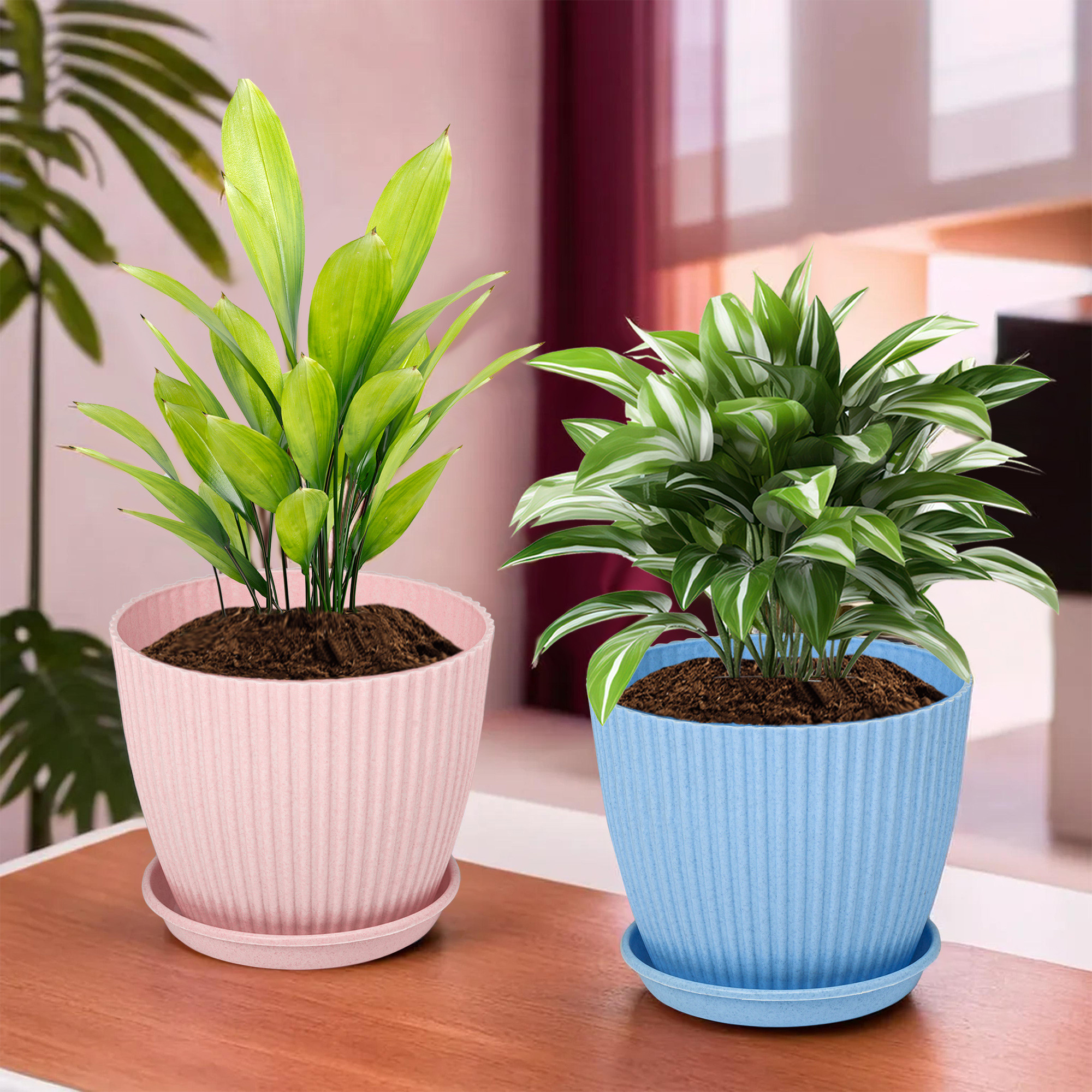 Kuber Industries Flower Pot with Bottom Tray | Flower Container for Living Room | Planters for Home-Lawns & Gardening | Flower Planter for Balcony | Marble Mega | 9 Inch | Blue & Pink