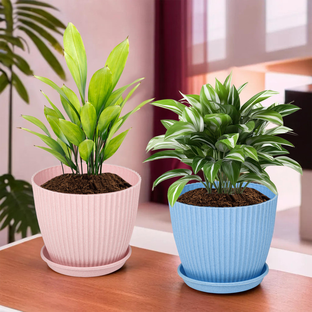 Kuber Industries Flower Pot with Bottom Tray | Flower Container for Living Room | Planters for Home-Lawns &amp; Gardening | Flower Planter for Balcony | Marble Mega | 9 Inch | Blue &amp; Pink