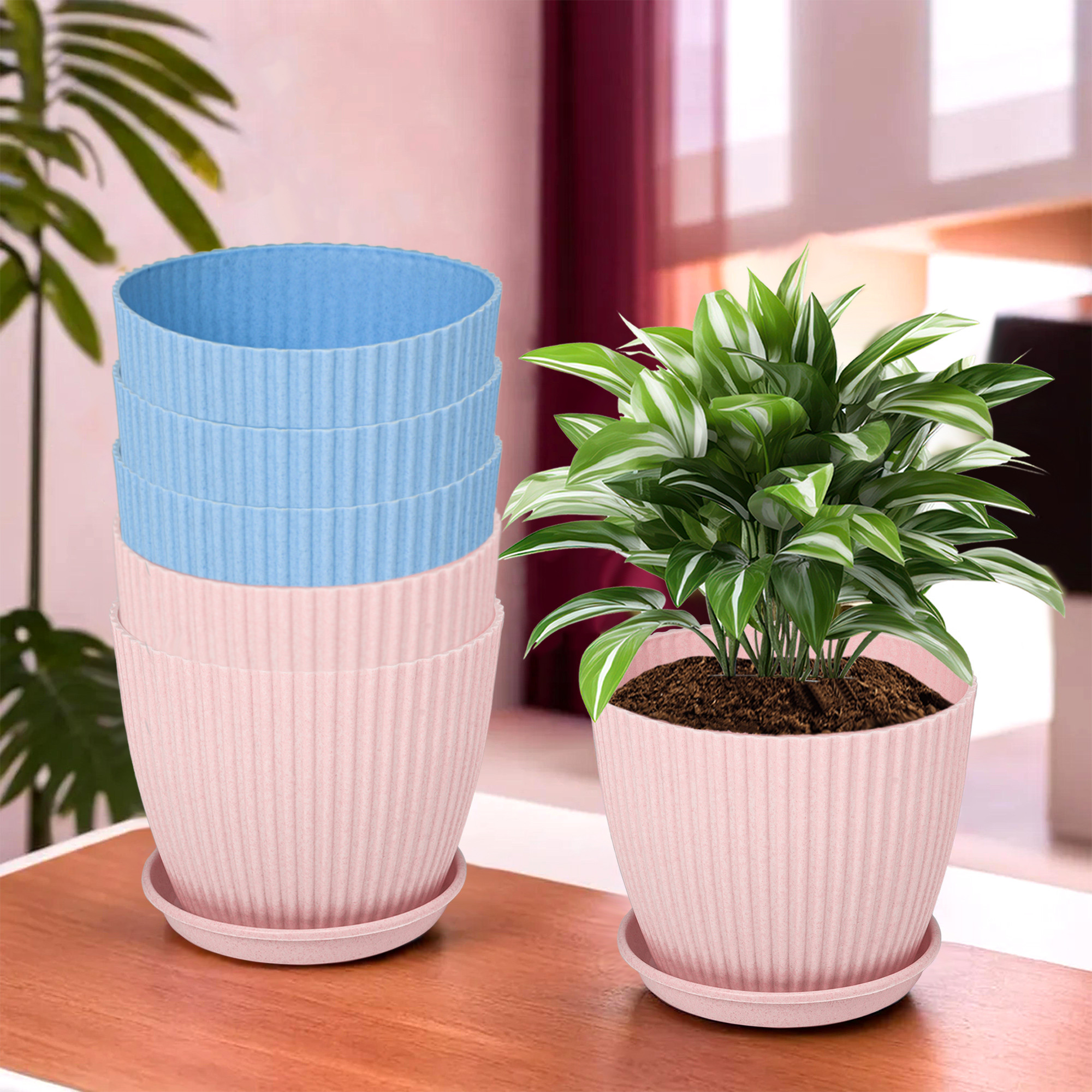 Kuber Industries Flower Pot with Bottom Tray | Flower Container for Living Room | Planters for Home-Lawns & Gardening | Flower Planter for Balcony | Marble Mega | 9 Inch | Blue & Pink