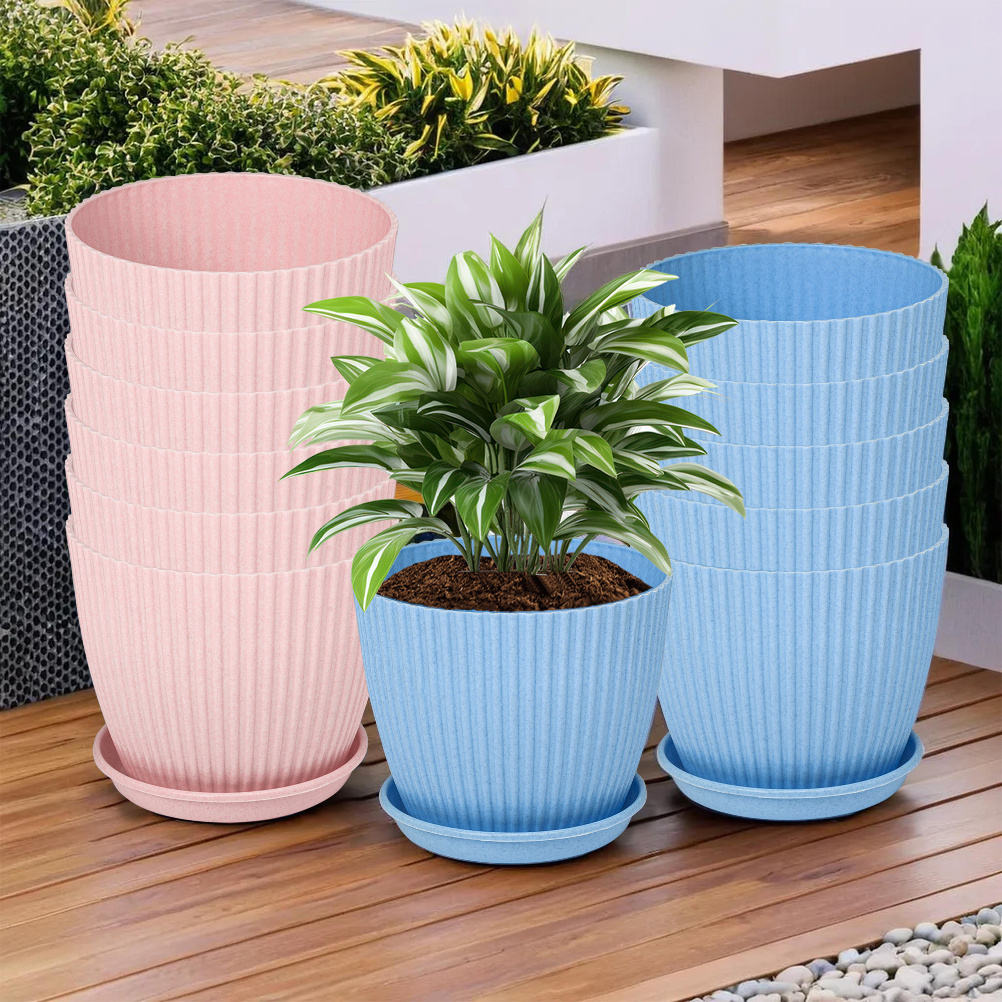 Kuber Industries Flower Pot with Bottom Tray | Flower Container for Living Room | Planters for Home-Lawns & Gardening | Flower Planter for Balcony | Marble Mega | 9 Inch | Blue & Pink