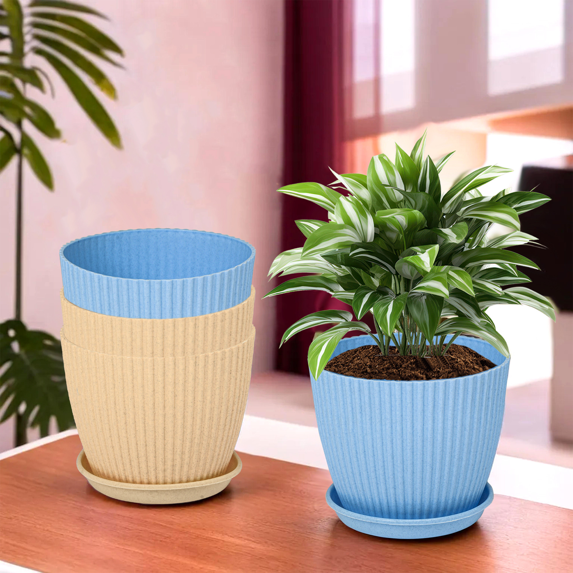 Kuber Industries Flower Pot with Bottom Tray  Flower Container for Living Room  Planters for Home-Lawns  Gardening  Flower Planter for Balcony  Marble Mega  9 Inch  Blue  Beige