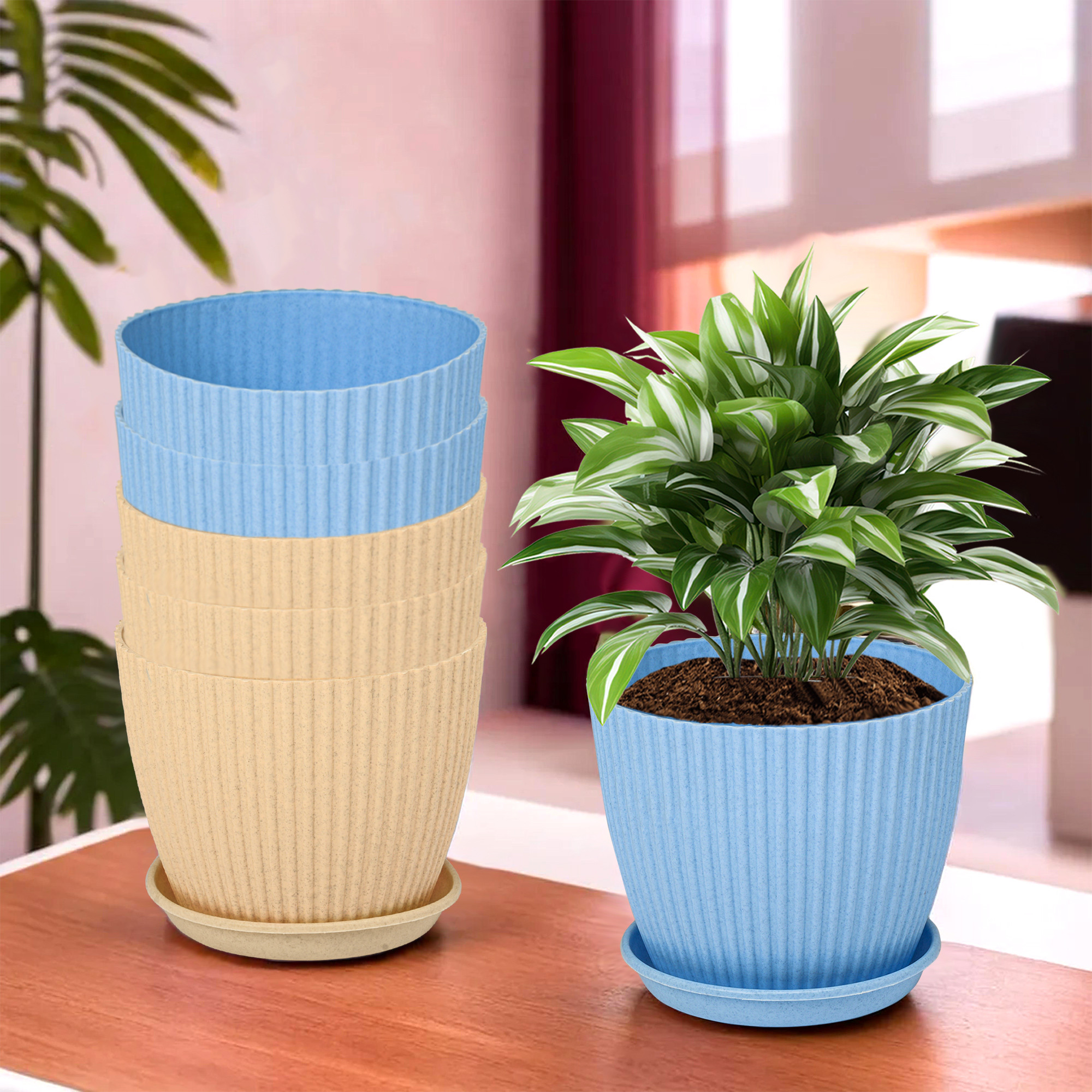Kuber Industries Flower Pot with Bottom Tray  Flower Container for Living Room  Planters for Home-Lawns  Gardening  Flower Planter for Balcony  Marble Mega  9 Inch  Blue  Beige