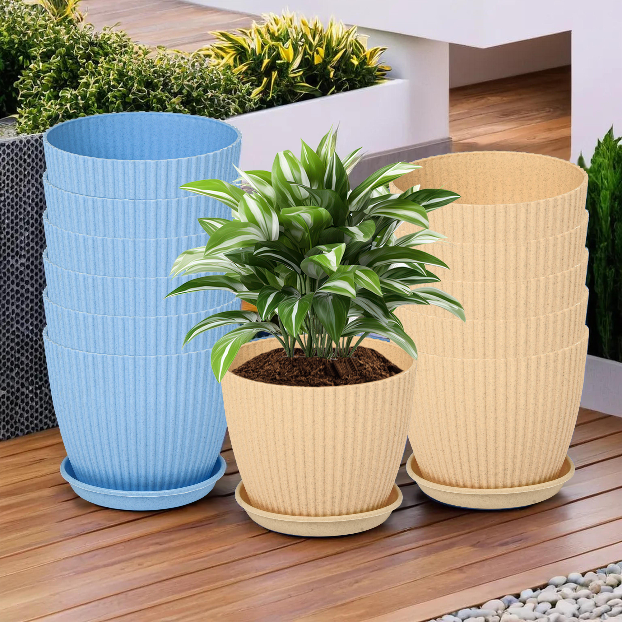 Kuber Industries Flower Pot with Bottom Tray  Flower Container for Living Room  Planters for Home-Lawns  Gardening  Flower Planter for Balcony  Marble Mega  9 Inch  Blue  Beige