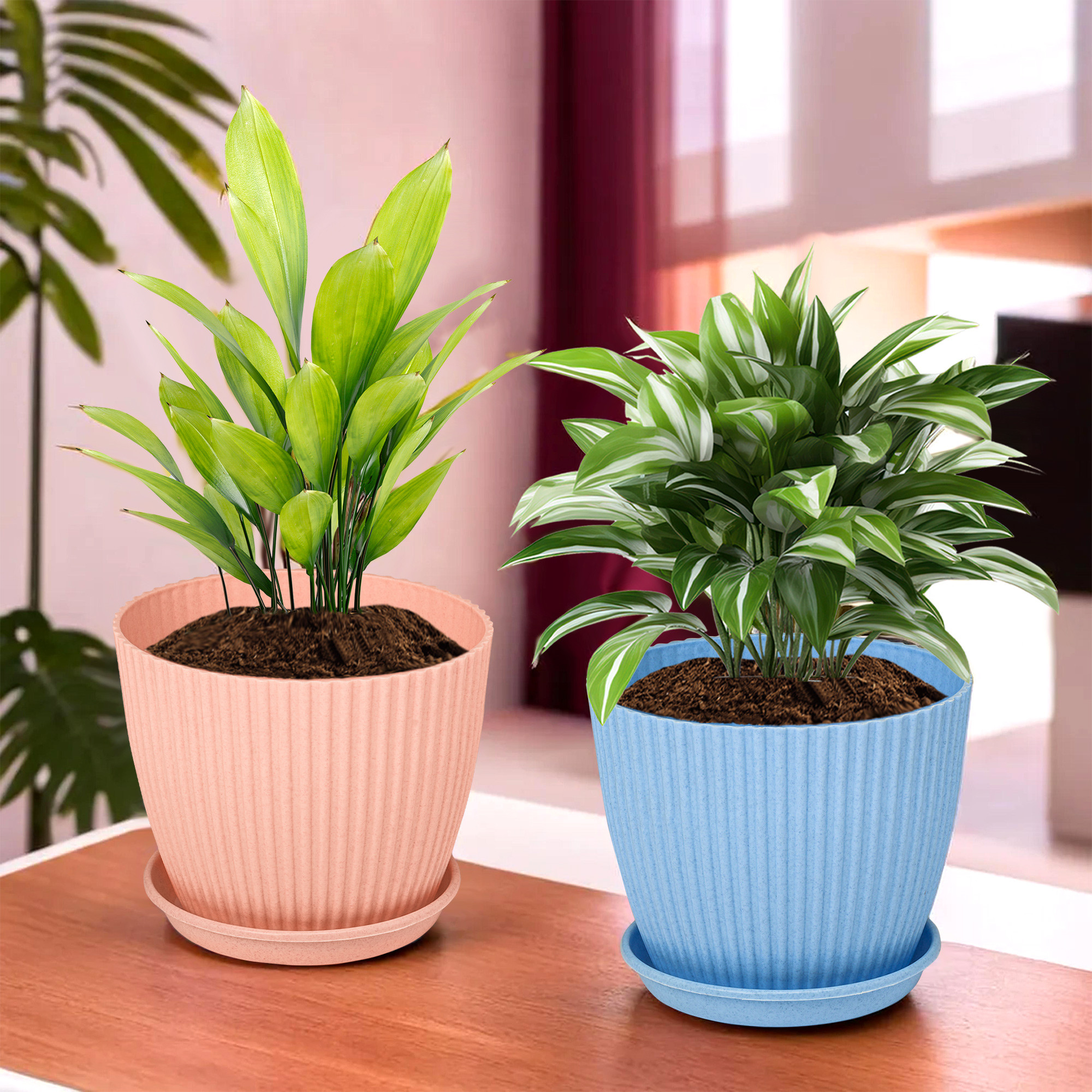 Kuber Industries Flower Pot with Bottom Tray | Flower Container for Living Room | Planters for Home-Lawns & Gardening | Flower Planter for Balcony | Marble Mega | 9 Inch | Blue & Peach