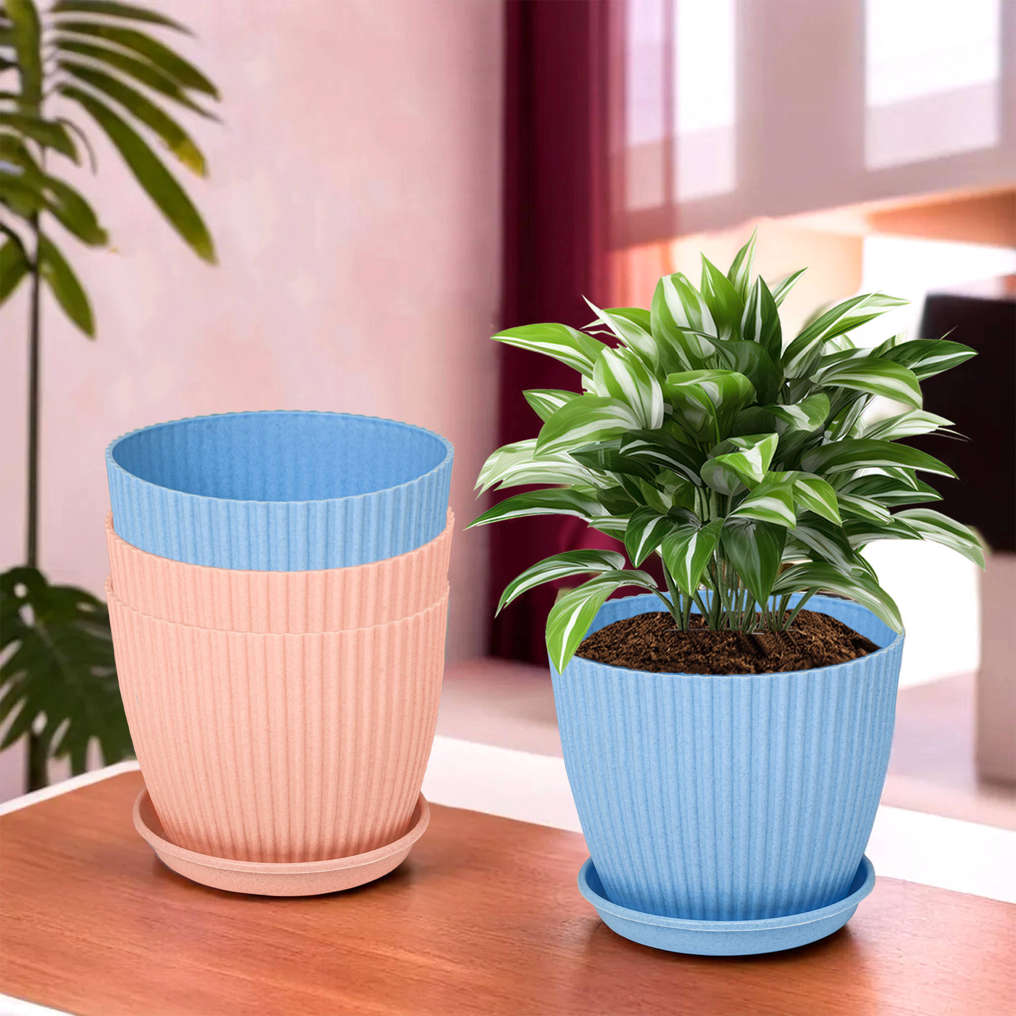 Kuber Industries Flower Pot with Bottom Tray | Flower Container for Living Room | Planters for Home-Lawns & Gardening | Flower Planter for Balcony | Marble Mega | 9 Inch | Blue & Peach