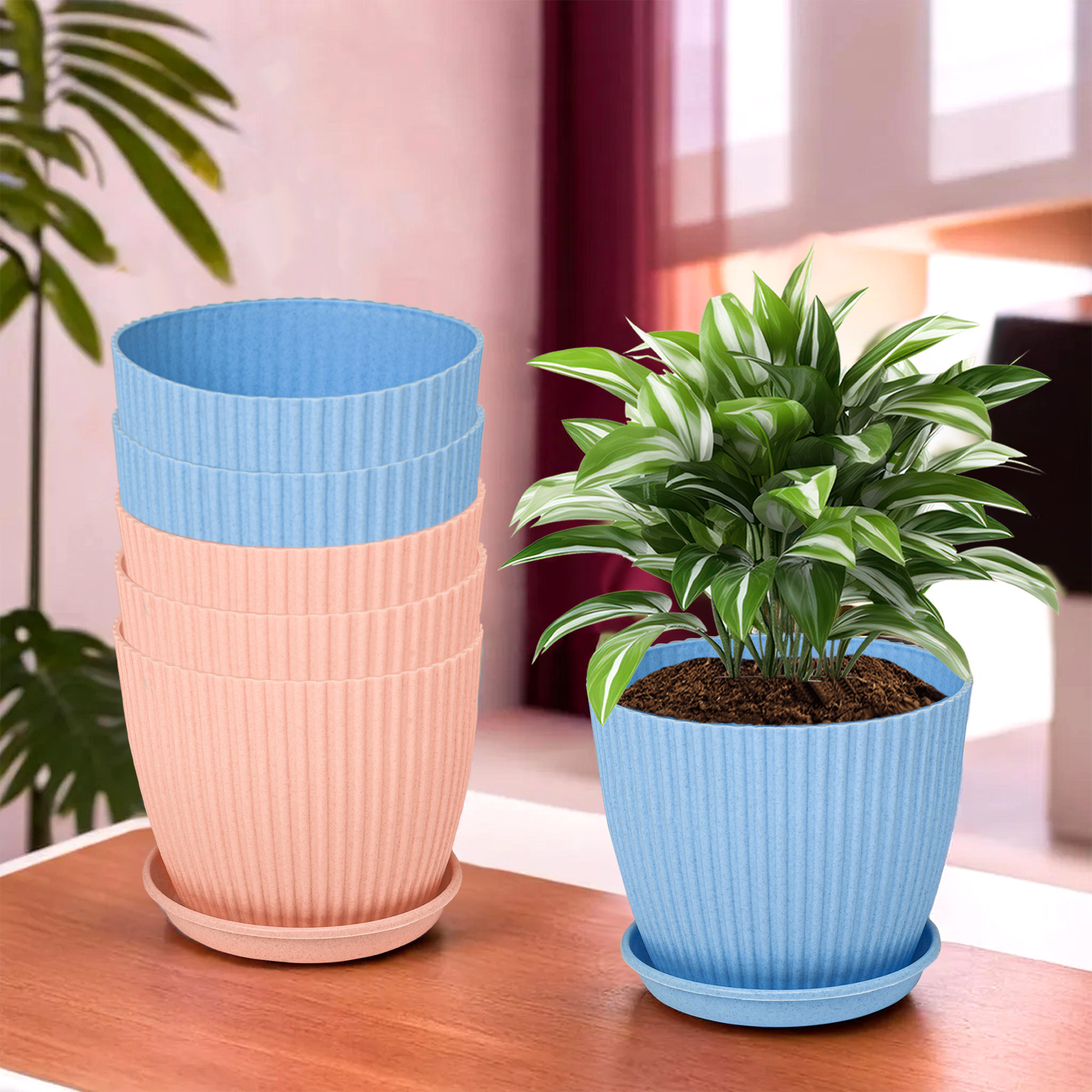 Kuber Industries Flower Pot with Bottom Tray | Flower Container for Living Room | Planters for Home-Lawns & Gardening | Flower Planter for Balcony | Marble Mega | 9 Inch | Blue & Peach