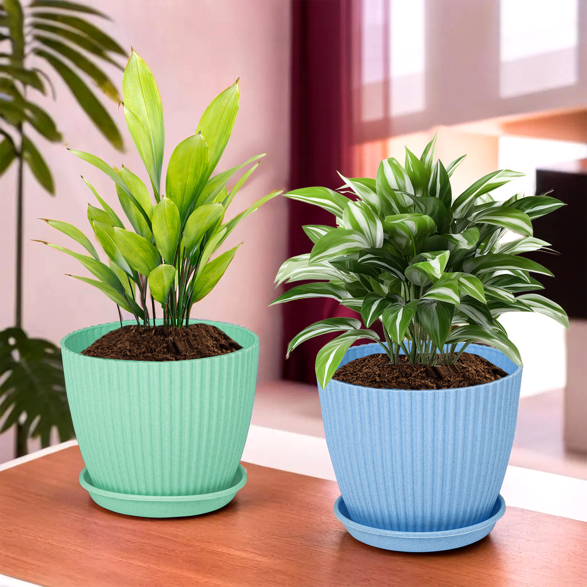 Kuber Industries Flower Pot with Bottom Tray | Flower Container for Living Room | Planters for Home-Lawns & Garden | Flower Planter for Balcony | Marble Mega | 9 Inch | Blue & Mint Green