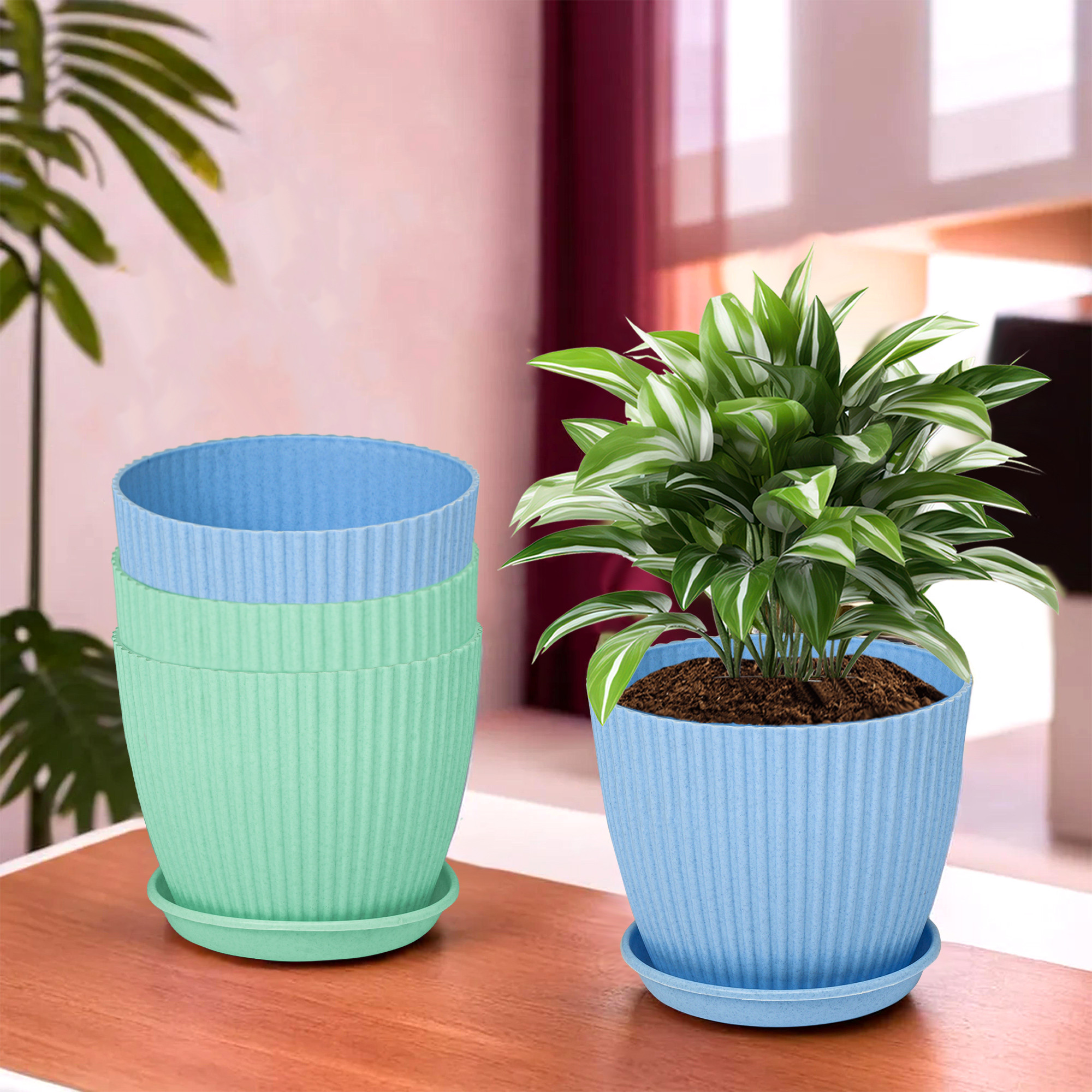 Kuber Industries Flower Pot with Bottom Tray | Flower Container for Living Room | Planters for Home-Lawns & Garden | Flower Planter for Balcony | Marble Mega | 9 Inch | Blue & Mint Green