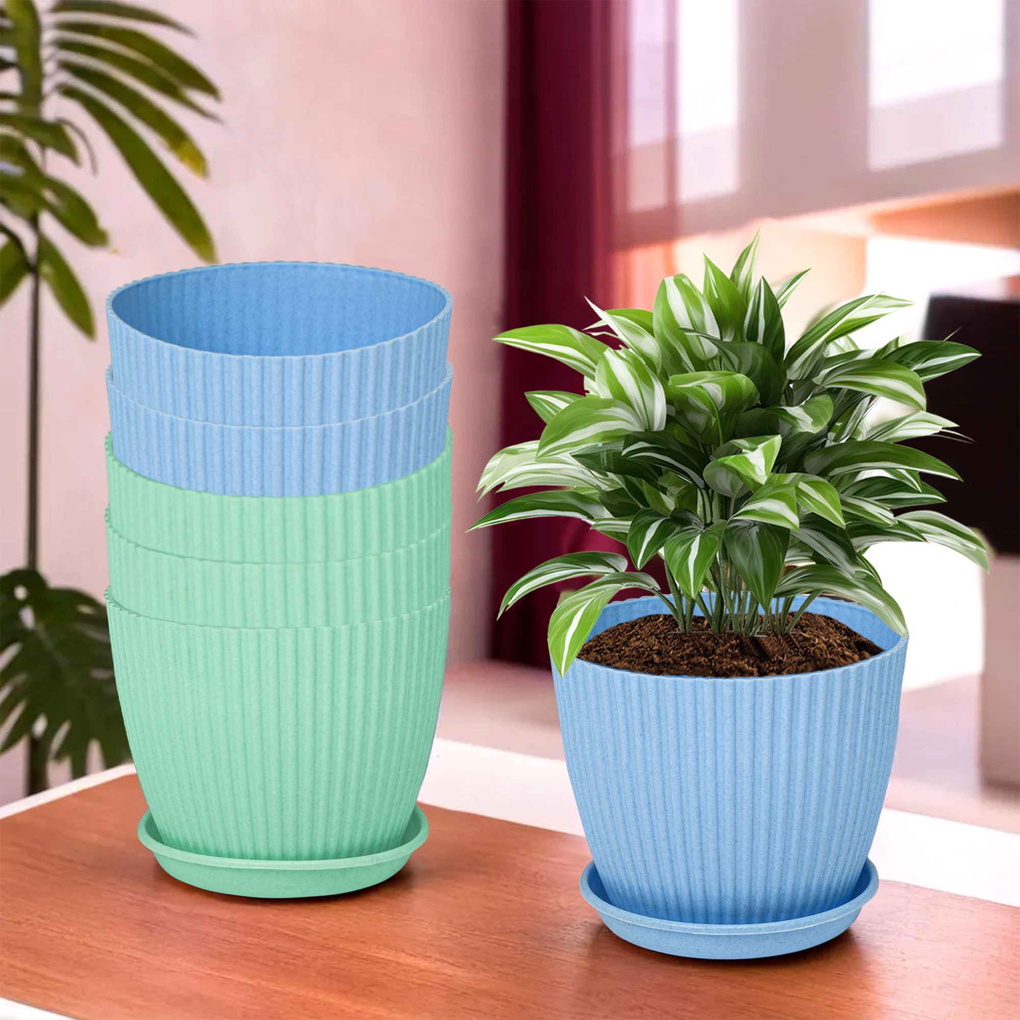 Kuber Industries Flower Pot with Bottom Tray | Flower Container for Living Room | Planters for Home-Lawns & Garden | Flower Planter for Balcony | Marble Mega | 9 Inch | Blue & Mint Green