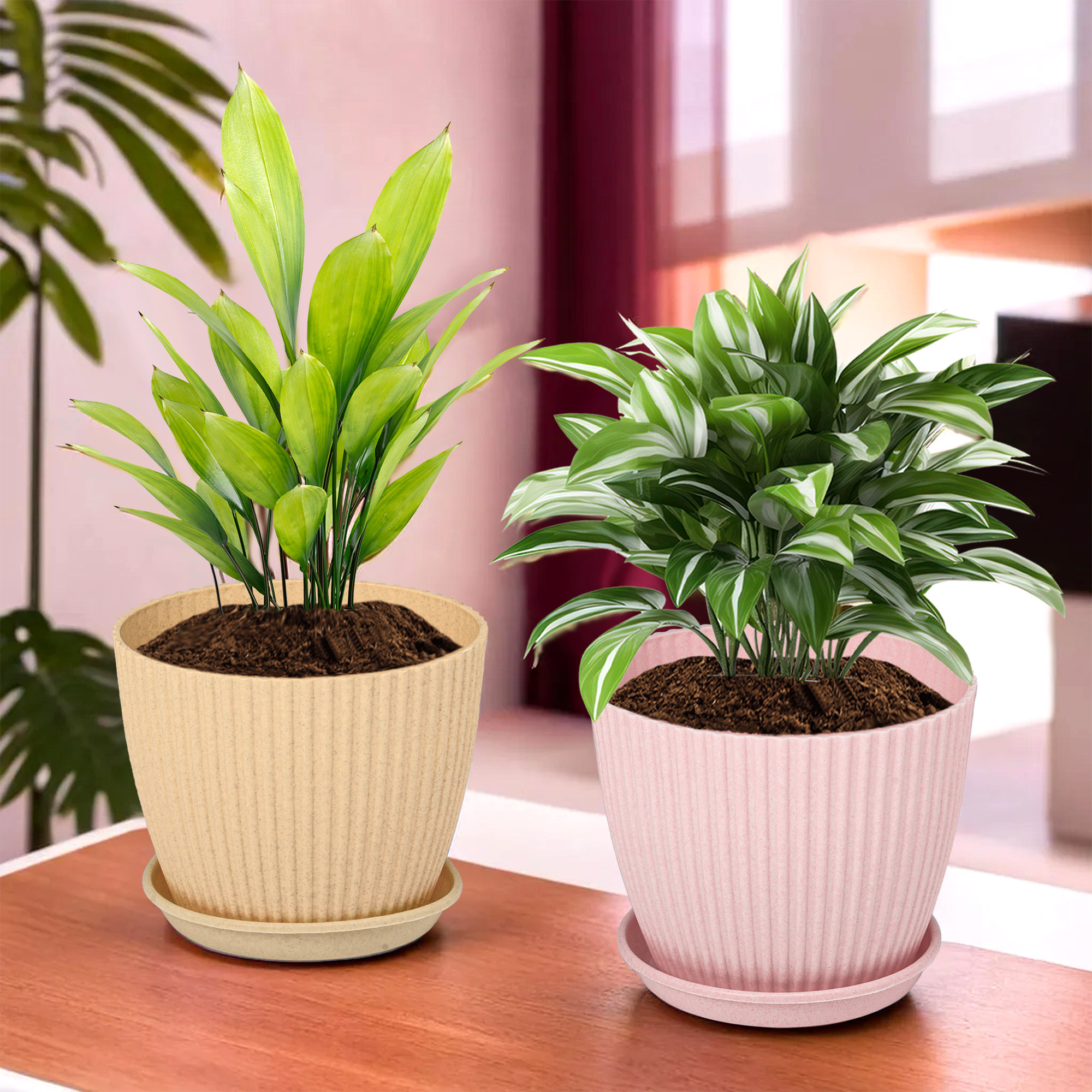 Kuber Industries Flower Pot with Bottom Tray | Flower Container for Living Room | Planters for Home-Lawns & Gardening | Flower Planter for Balcony | Marble Mega | 9 Inch | Pink & Beige