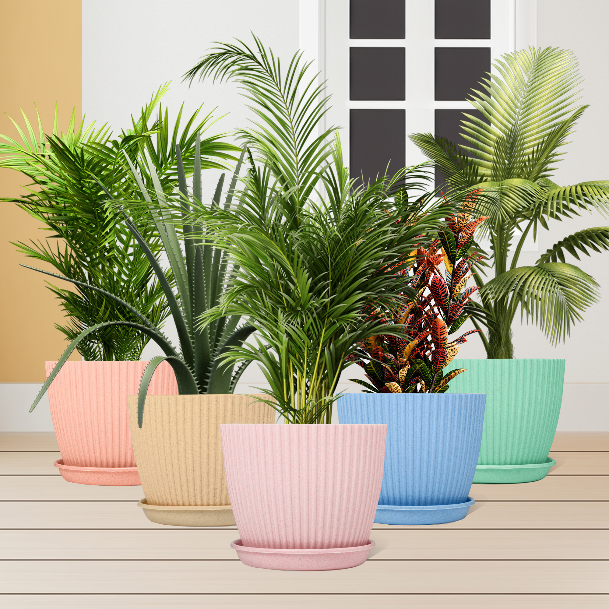 Kuber Industries Flower Pot with Bottom Tray | Flower Container for Living Room | Planters for Home-Lawns & Gardening | Flower Planter for Balcony | Marble Mega | 9 Inch | Pink & Beige