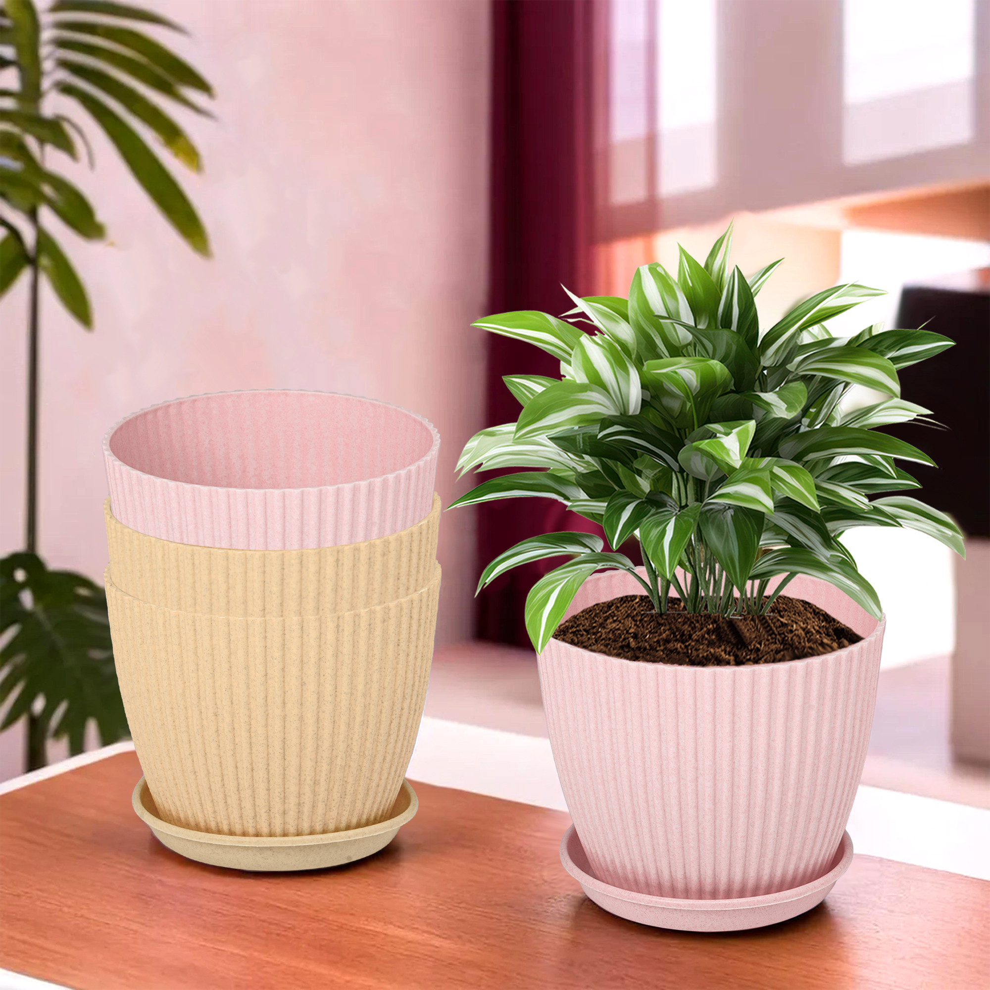 Kuber Industries Flower Pot with Bottom Tray | Flower Container for Living Room | Planters for Home-Lawns & Gardening | Flower Planter for Balcony | Marble Mega | 9 Inch | Pink & Beige