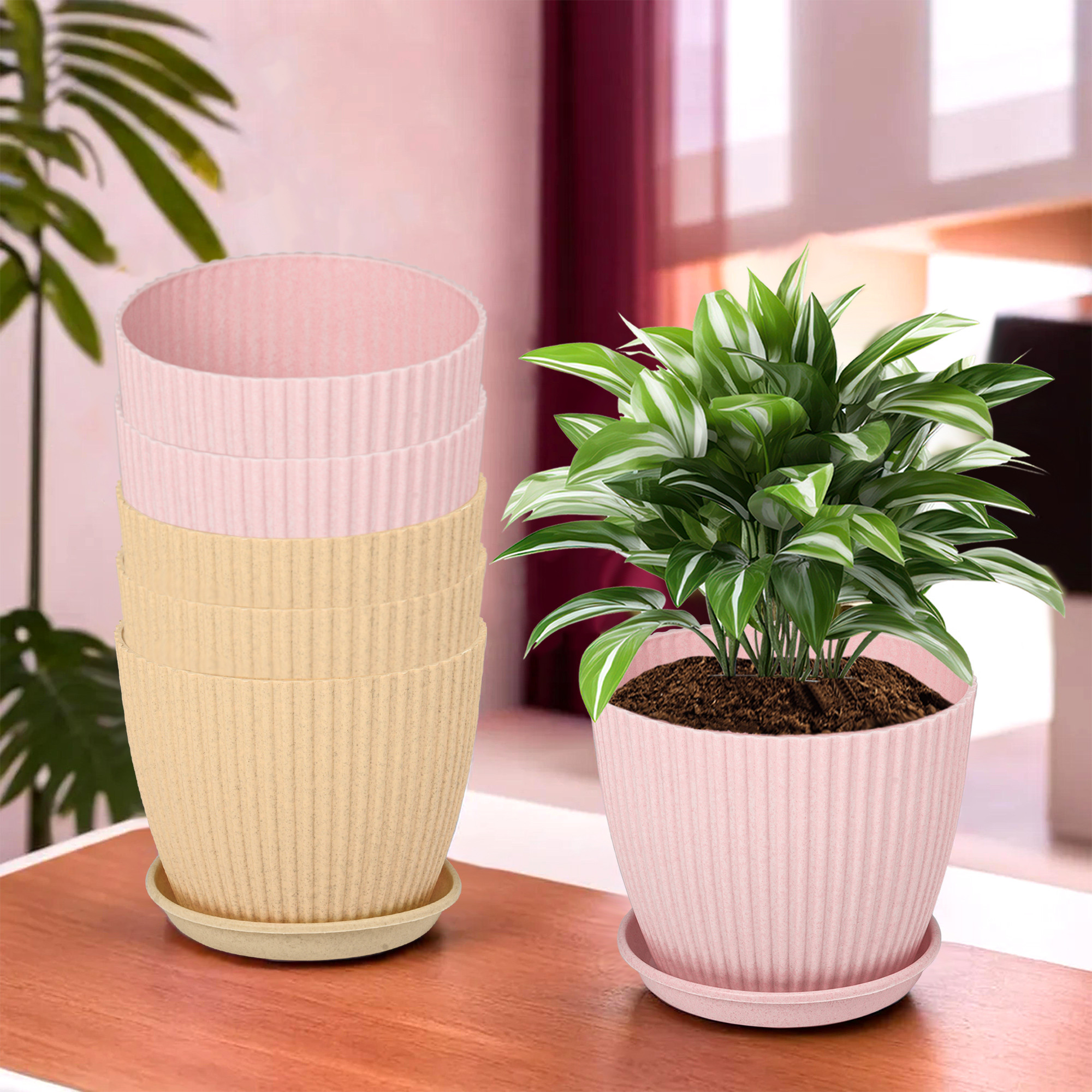 Kuber Industries Flower Pot with Bottom Tray | Flower Container for Living Room | Planters for Home-Lawns & Gardening | Flower Planter for Balcony | Marble Mega | 9 Inch | Pink & Beige